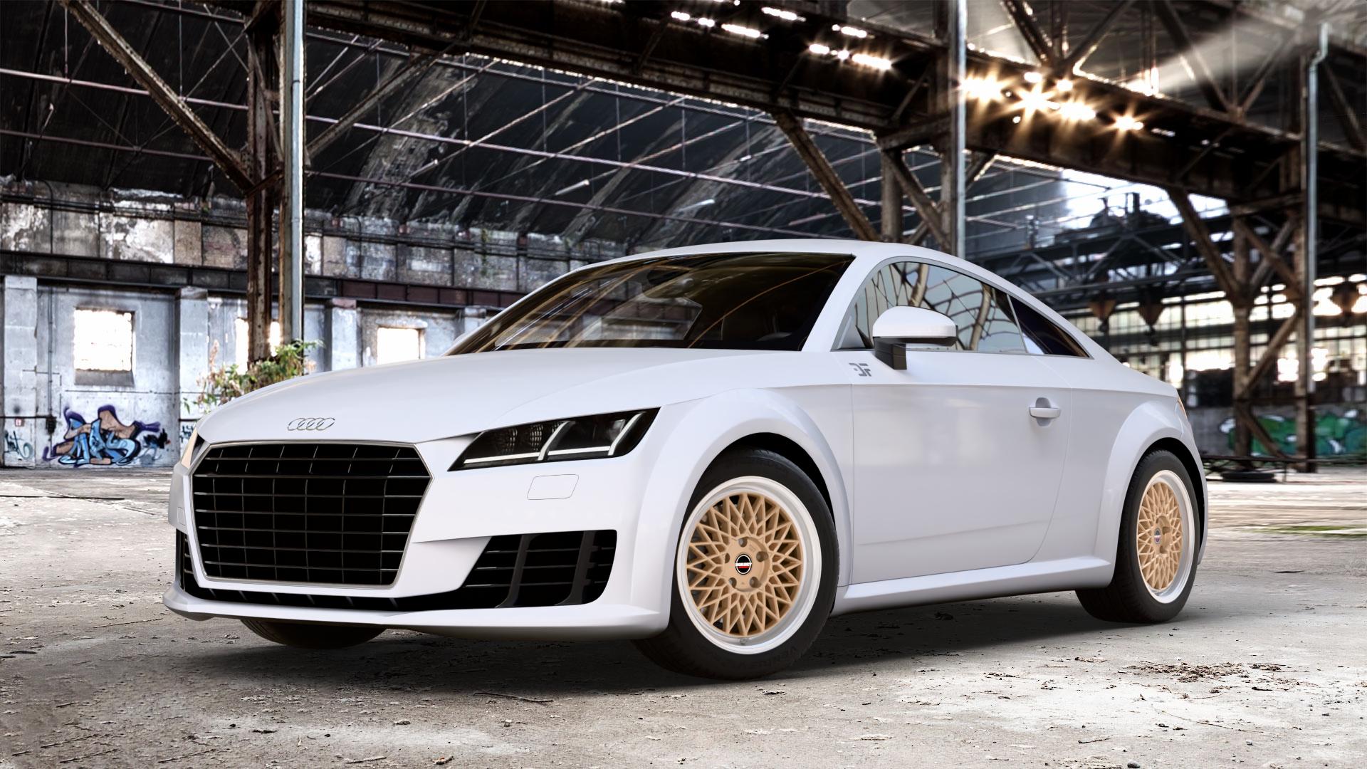 Borbet B gold rim polished Felge mit Reifen silber mehrfarbig in 17Zoll Alufelge auf weissem Audi TT III Typ 8S (Coupé) (Roadster) ⬇️ mit 15mm Tieferlegung ⬇️ Old Industrial Hall_max_4400mm_2024 Frontansicht_1