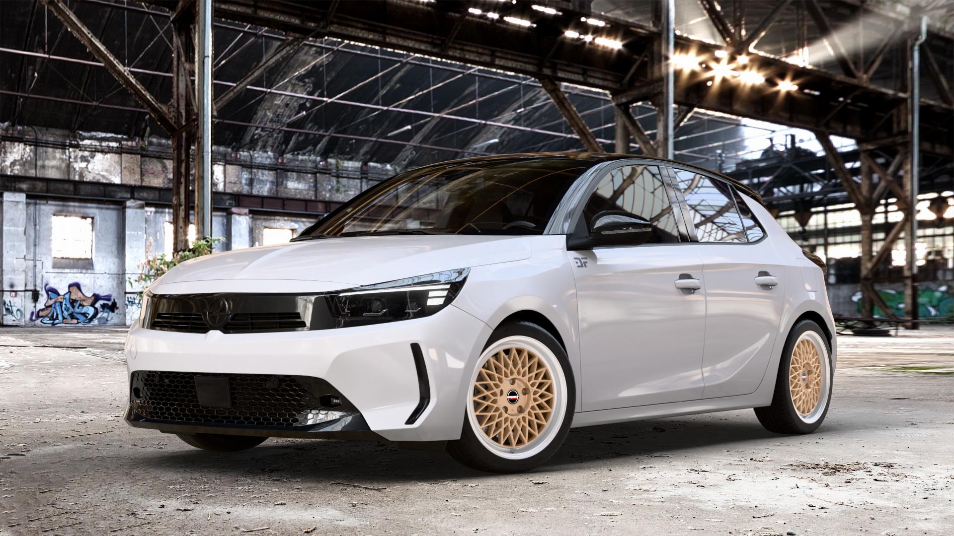 Borbet B gold rim polished Felge mit Reifen silber mehrfarbig in 17Zoll Alufelge auf weissem Opel Corsa F Typ U Facelift 0,0l 57kW Corsa-e (77 PS) 62kW (84 1,2l Turbo 74kW Mild-Hybrid (101 100kW (136 ⬇️ mit 15mm Tieferlegung ⬇️ Old Industrial Hall_max_4400mm_2024 Frontansicht_1