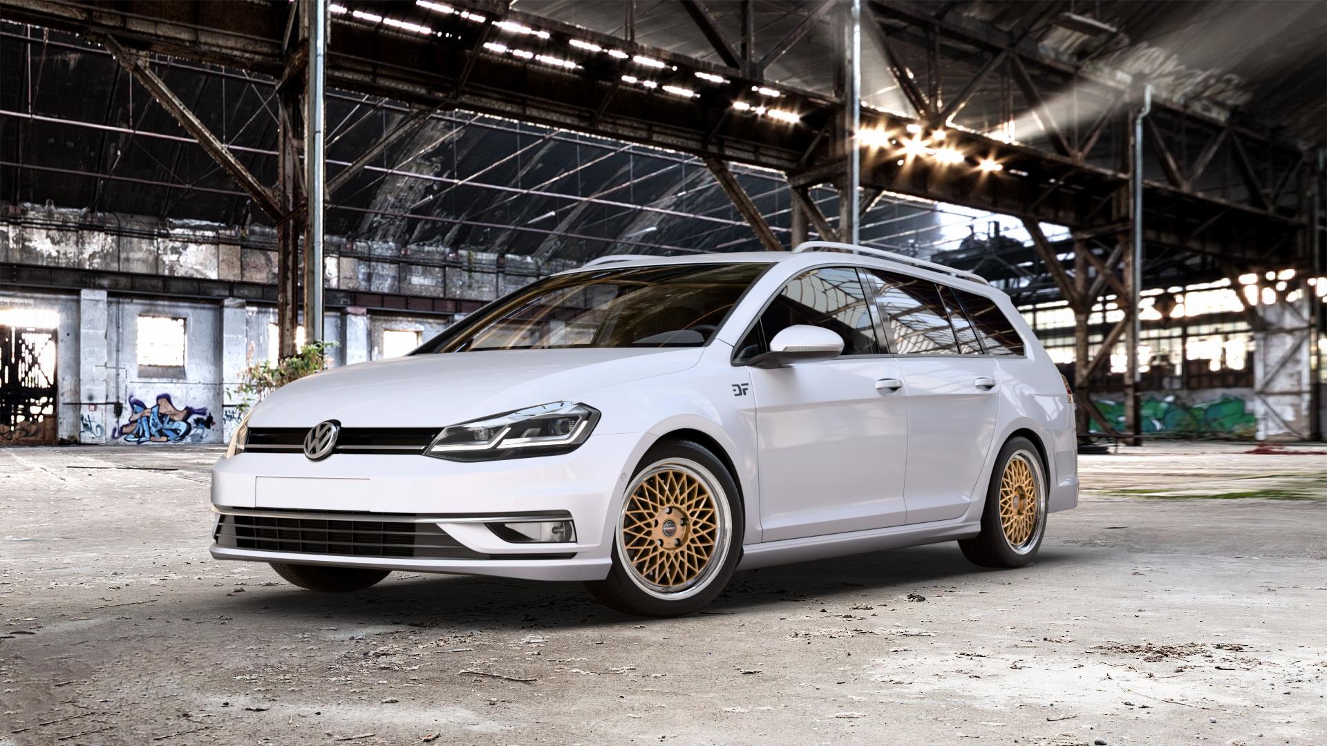 Borbet B gold rim polished Felge mit Reifen silber mehrfarbig in 17Zoll Alufelge auf weissem unilack Volkswagen (VW) Golf 7 Variant Facelift ⬇️ mit 15mm Tieferlegung ⬇️ Old Industrial Hall_max_5300mm_2024 Frontansicht_1