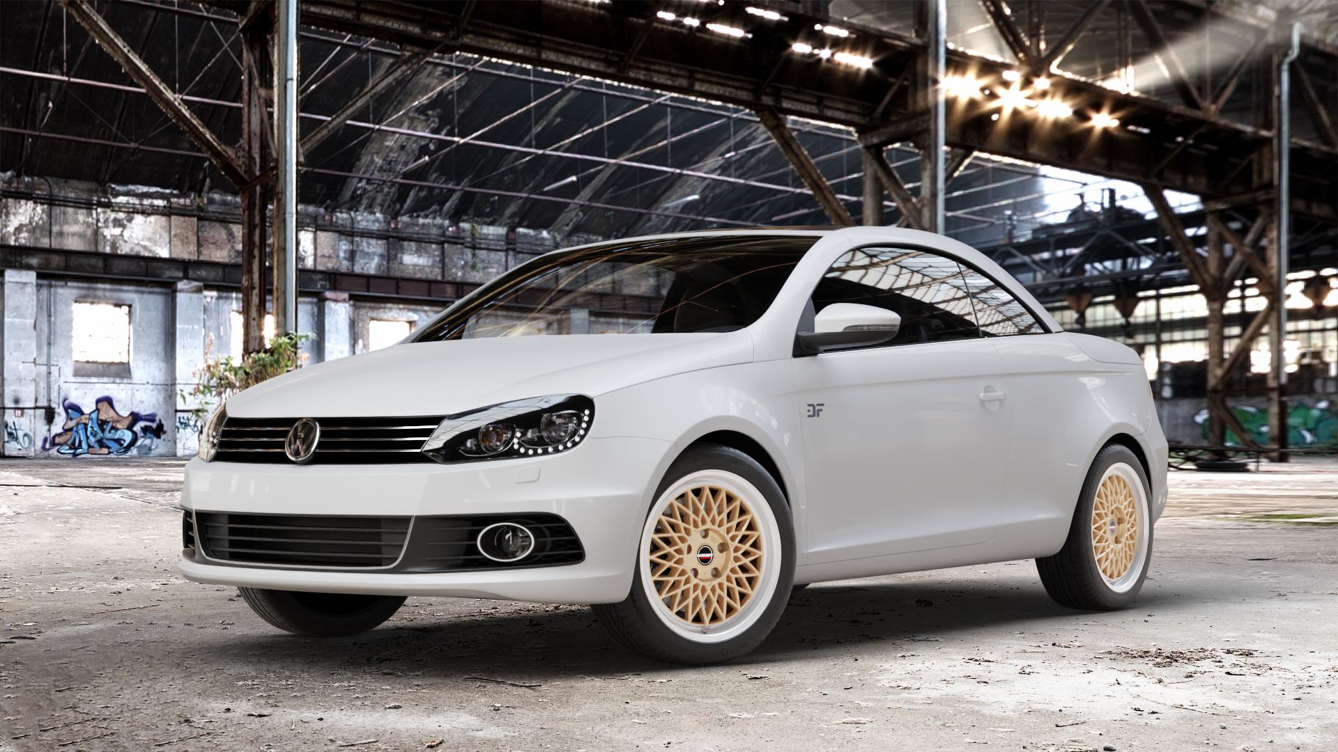 Borbet B gold rim polished Felge mit Reifen silber mehrfarbig in 17Zoll Alufelge auf weissem Volkswagen (VW) Eos Facelift ⬇️ mit 15mm Tieferlegung ⬇️ Old Industrial Hall_max_4400mm_2024 Frontansicht_1