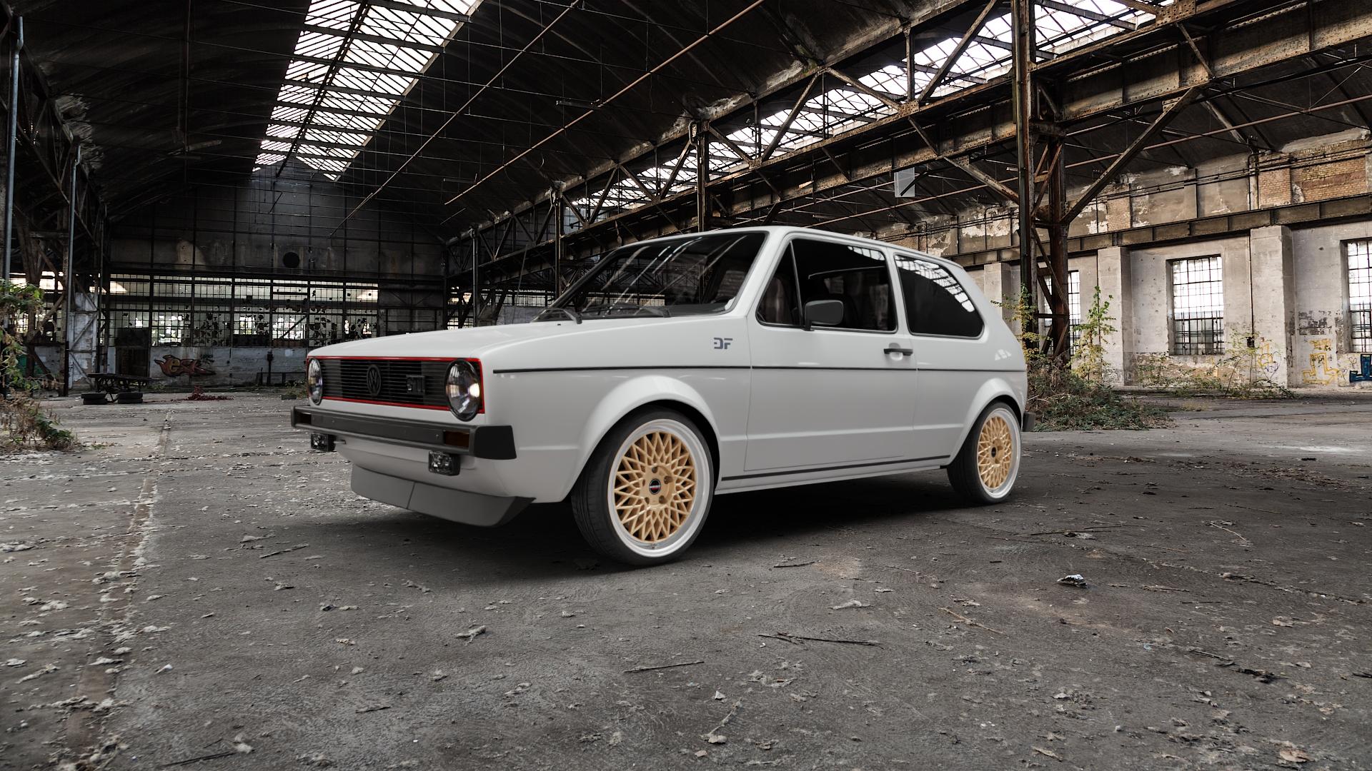 Borbet B gold rim polished Felge mit Reifen silber mehrfarbig in 17Zoll Alufelge auf weissem Volkswagen (VW) Golf 1 1,6l GTI 81kW (110 PS) 1,8l 82kW (111 Cabrio ⬇️ mit 15mm Tieferlegung ⬇️ Old Industrial Hall_max5000mm_2022 Frontansicht_1