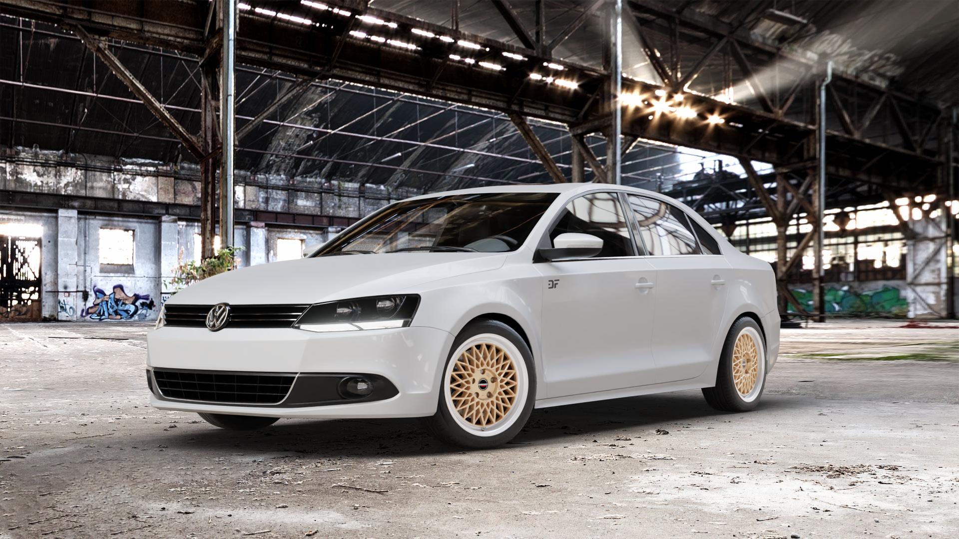 Borbet B gold rim polished Felge mit Reifen silber mehrfarbig in 17Zoll Alufelge auf weissem Volkswagen (VW) Jetta 6 Typ 16 Facelift ⬇️ mit 15mm Tieferlegung ⬇️ Old Industrial Hall_max_5300mm_2024 Frontansicht_1