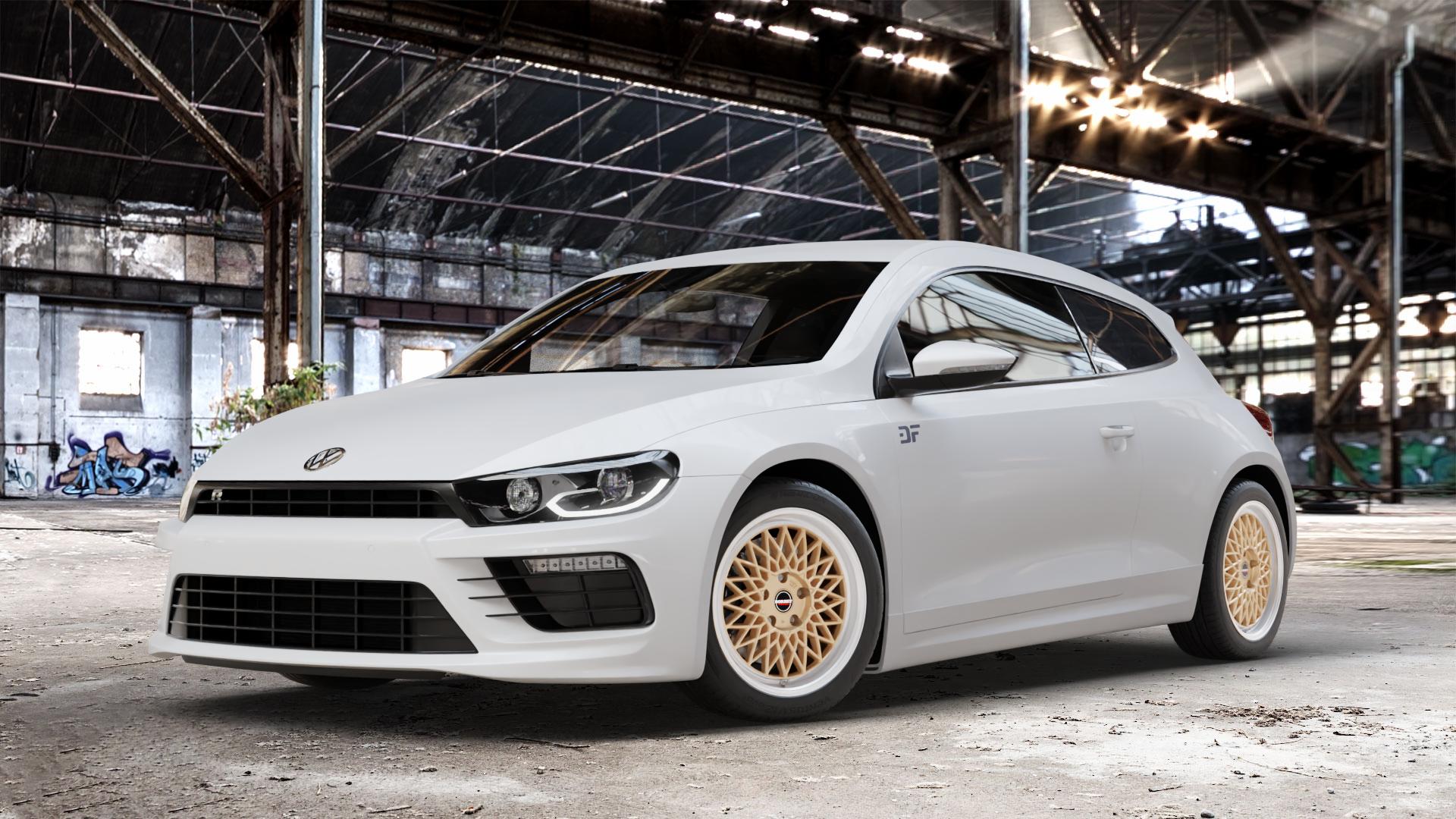 Borbet B gold rim polished Felge mit Reifen silber mehrfarbig in 17Zoll Alufelge auf weissem Volkswagen (VW) Scirocco III Typ 13 Facelift ⬇️ mit 15mm Tieferlegung ⬇️ Old Industrial Hall_max_4400mm_2024 Frontansicht_1