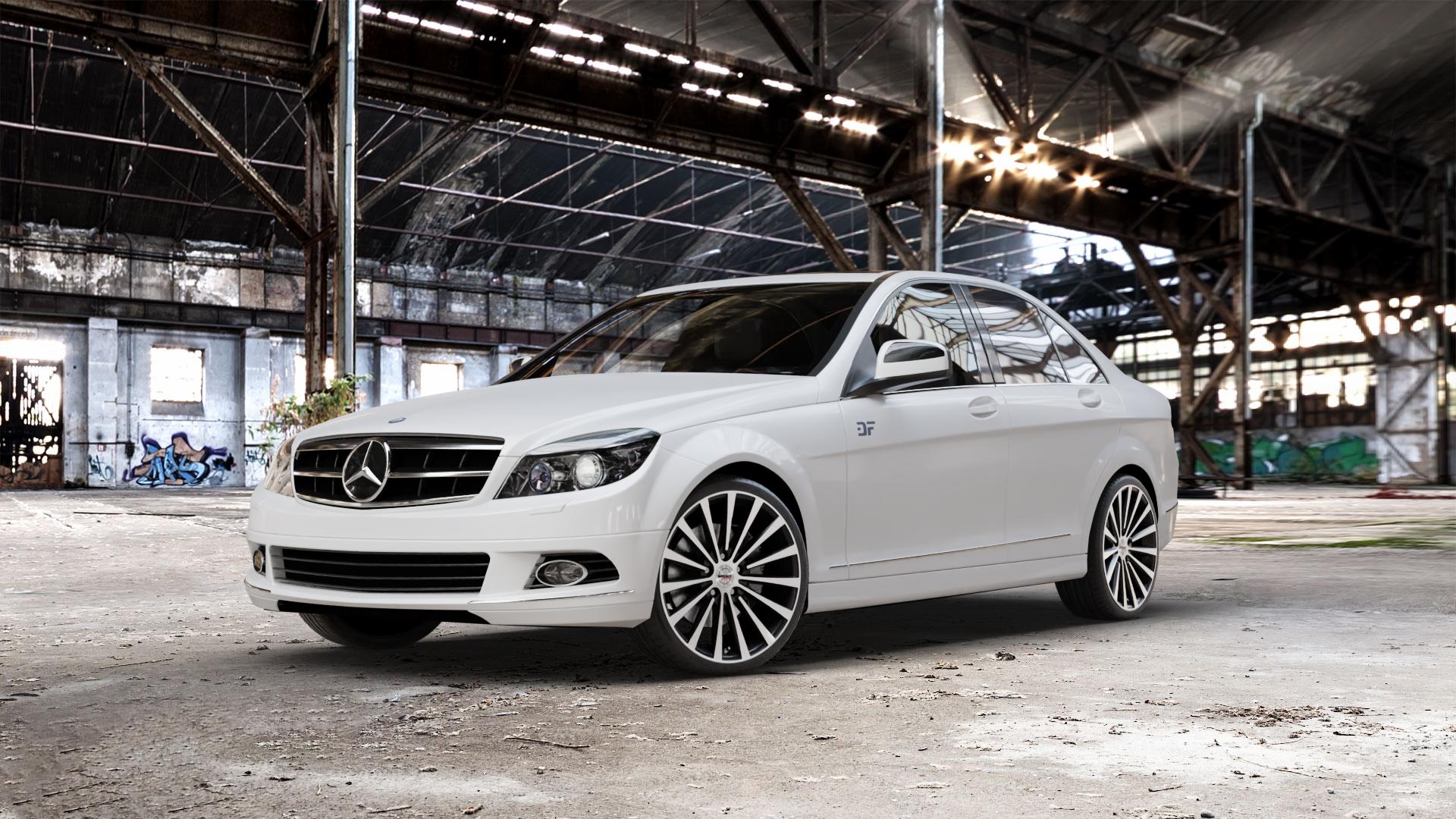 Borbet BLX black polished matt Felge mit Reifen silber schwarz mehrfarbig in 19Zoll Alufelge auf weissem Mercedes C-Klasse Typ W204 Limousine ⬇️ mit 15mm Tieferlegung ⬇️ Old Industrial Hall_max_5300mm_2024 Frontansicht_1