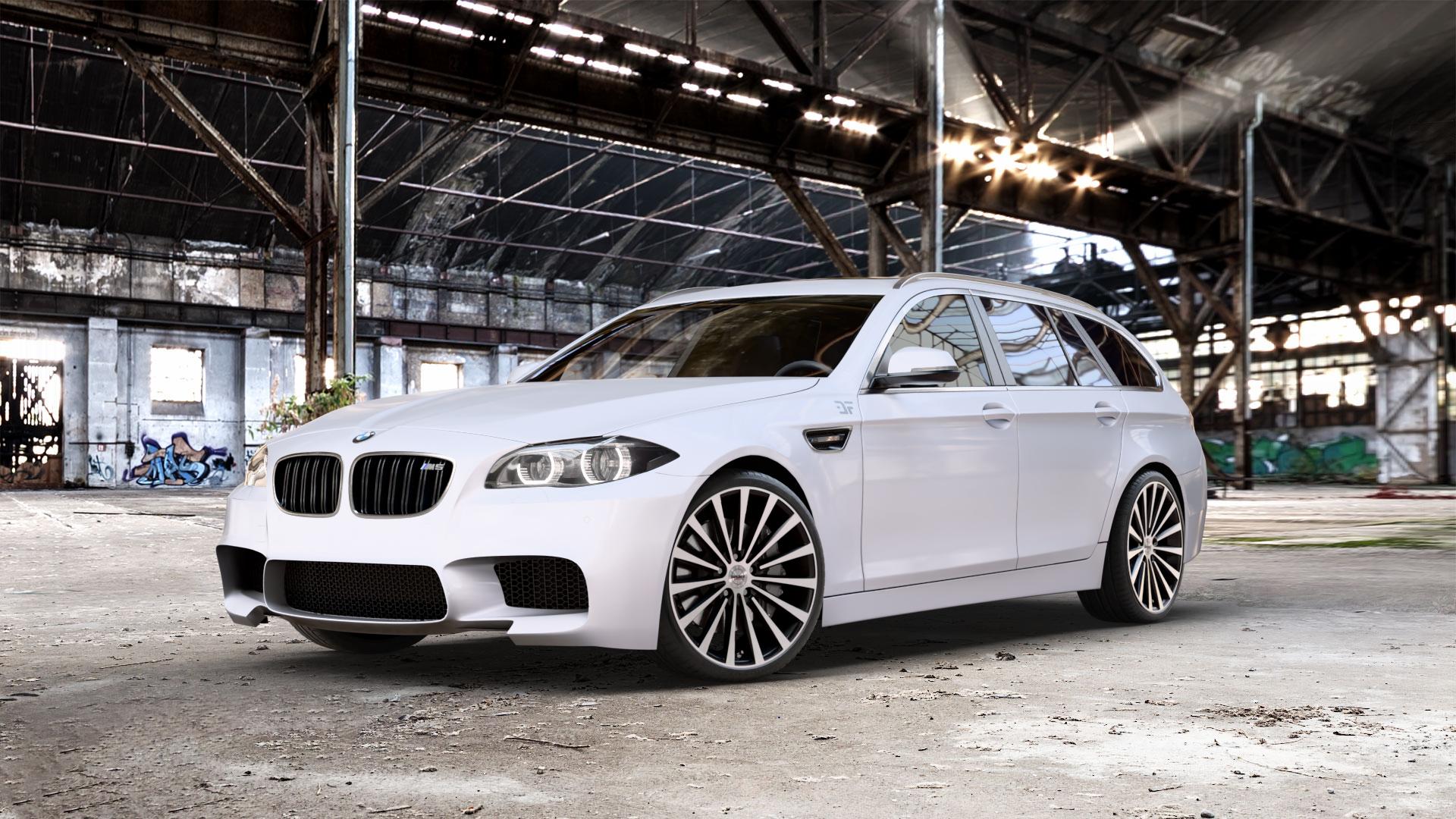Borbet BLX black polished matt Felge mit Reifen silber schwarz mehrfarbig in 20Zoll Alufelge auf weissem BMW M550d xDrive Typ F11 (Touring) 3,0l 280kW (381 PS) ⬇️ mit 15mm Tieferlegung ⬇️ Old Industrial Hall_max_5300mm_2024 Frontansicht_1