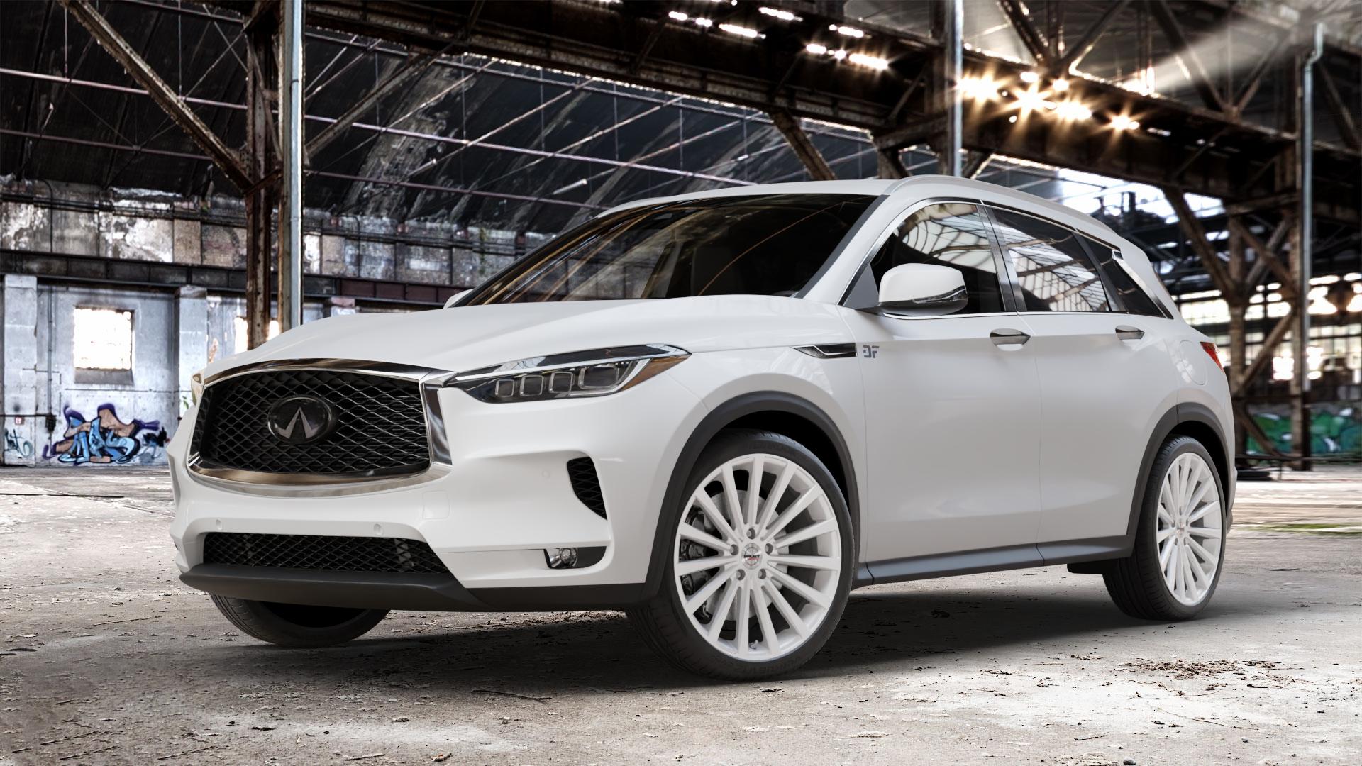 Borbet BLX brilliant silver Felge mit Reifen silber in 20Zoll Winterfelge Alufelge auf weissem Infiniti QX50 Q ⬇️ mit 15mm Tieferlegung ⬇️ Old Industrial Hall_max_4400mm_2024 Frontansicht_1
