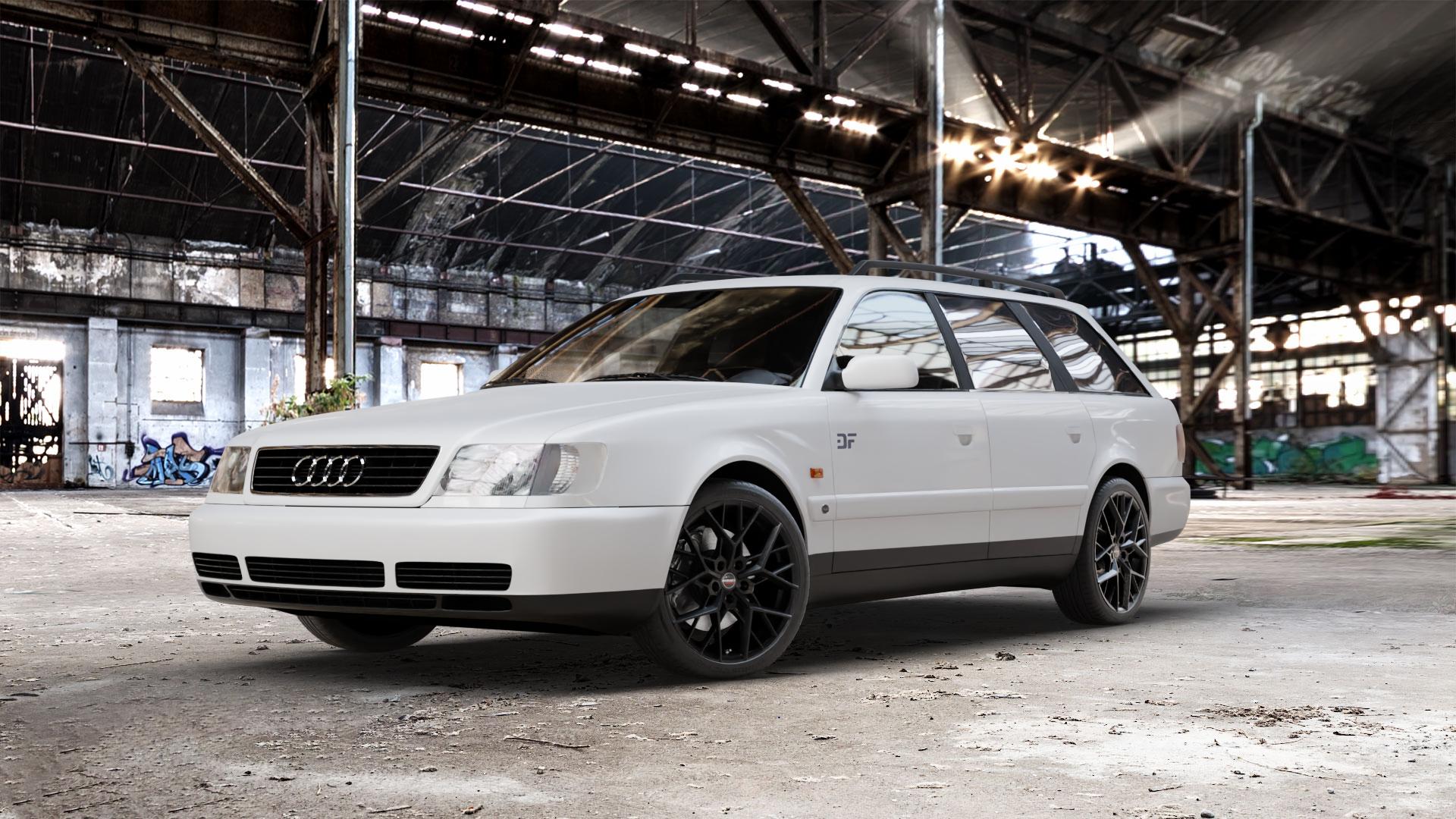 Borbet BY black matt Felge mit Reifen schwarz in 18Zoll Winterfelge Alufelge auf weissem Audi 100 Typ C4 (Avant) A6 4A/C4 ⬇️ mit 15mm Tieferlegung ⬇️ Old Industrial Hall_max_5300mm_2024 Frontansicht_1