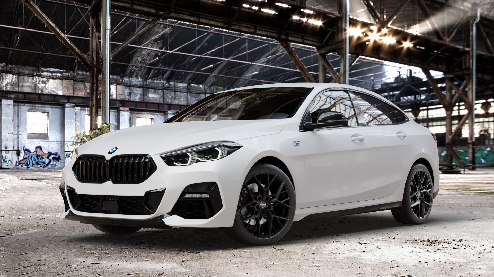 Borbet BY black matt Felge mit Reifen schwarz in 18Zoll Winterfelge Alufelge auf weissem BMW 216d Typ F44 (Gran Coupe) 218i 220d 2 M235i xDrive 218d 220i 2er Gran Coupe (F2GC) ⬇️ mit 15mm Tieferlegung ⬇️ Old Industrial Hall_max_4400mm_2024 Frontansicht_1
