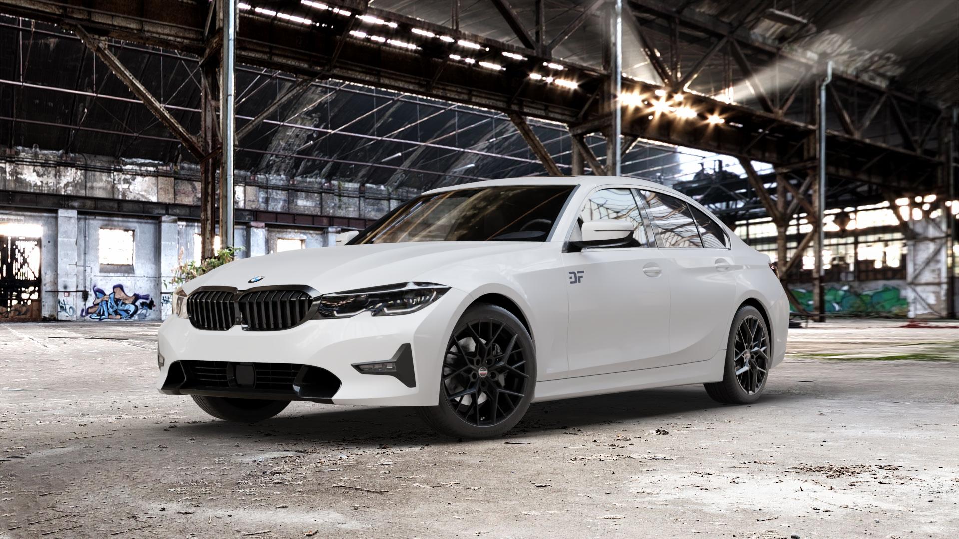 Borbet BY black matt Felge mit Reifen schwarz in 18Zoll Winterfelge Alufelge auf weissem BMW 3er G20 Limousine (G3L) ⬇️ mit 15mm Tieferlegung ⬇️ Old Industrial Hall_max_5300mm_2024 Frontansicht_1