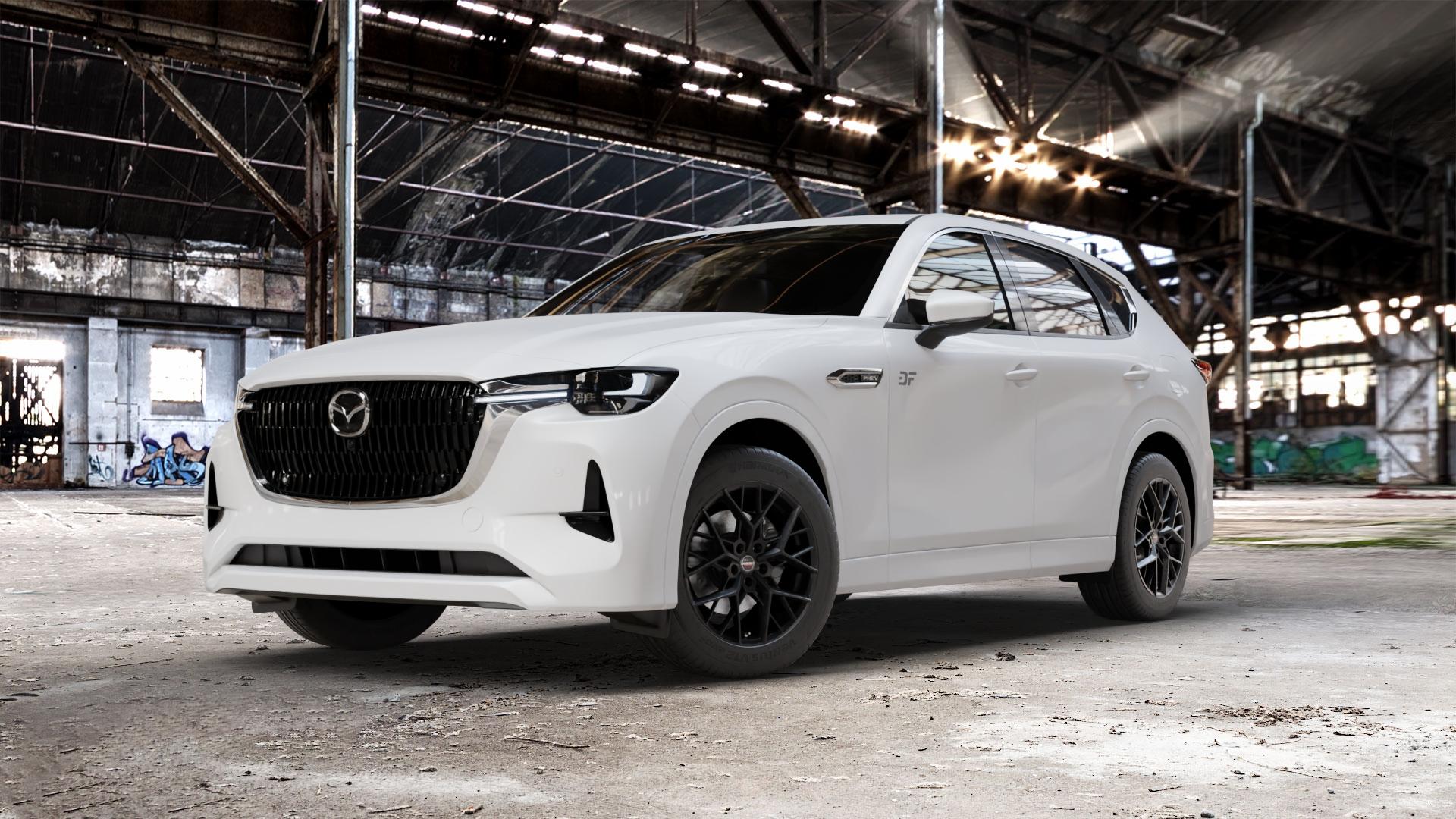Borbet BY black matt Felge mit Reifen schwarz in 18Zoll Winterfelge Alufelge auf weissem Mazda CX-60 Typ KH01 CX ⬇️ mit 15mm Tieferlegung ⬇️ Old Industrial Hall_max_5300mm_2024 Frontansicht_1