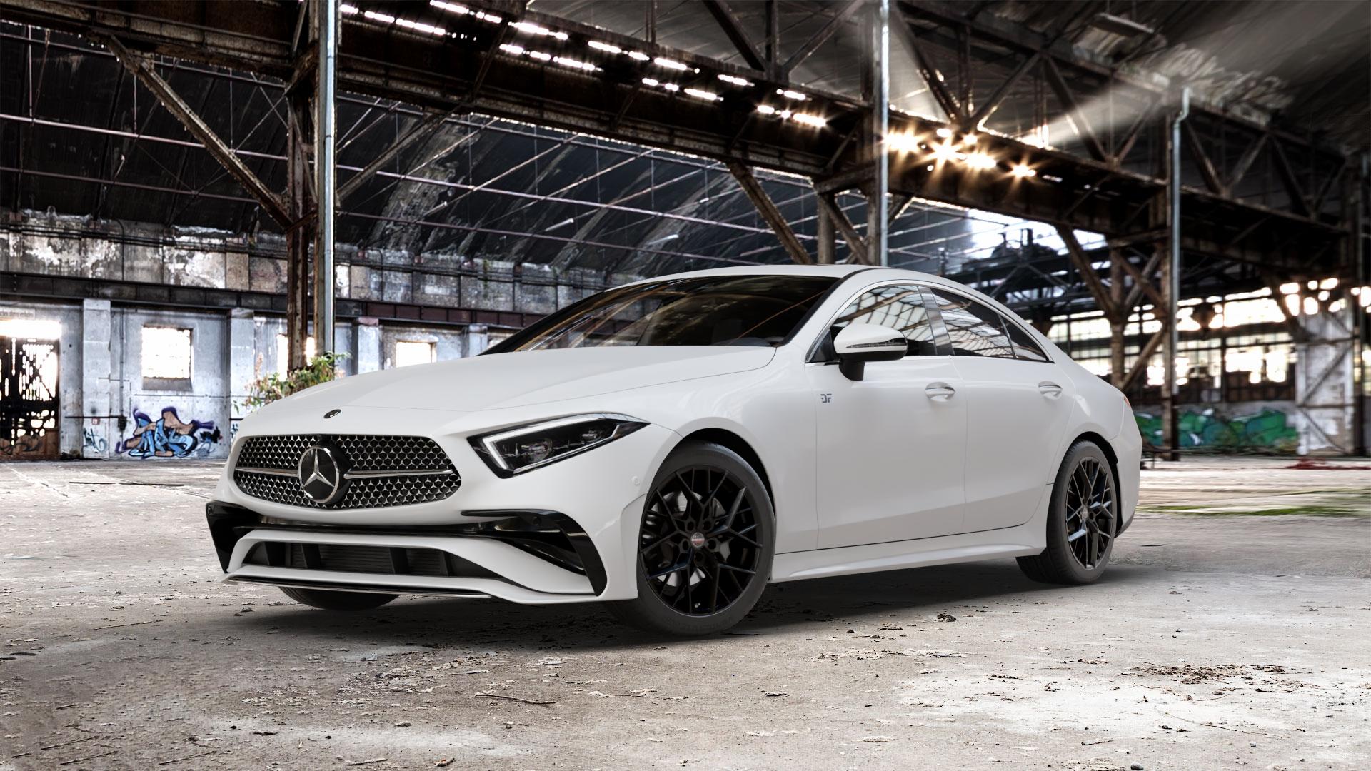 Borbet BY black matt Felge mit Reifen schwarz in 18Zoll Winterfelge Alufelge auf weissem Mercedes CLS Typ C257 Facelift ⬇️ mit 15mm Tieferlegung ⬇️ Old Industrial Hall_max_5300mm_2024 Frontansicht_1