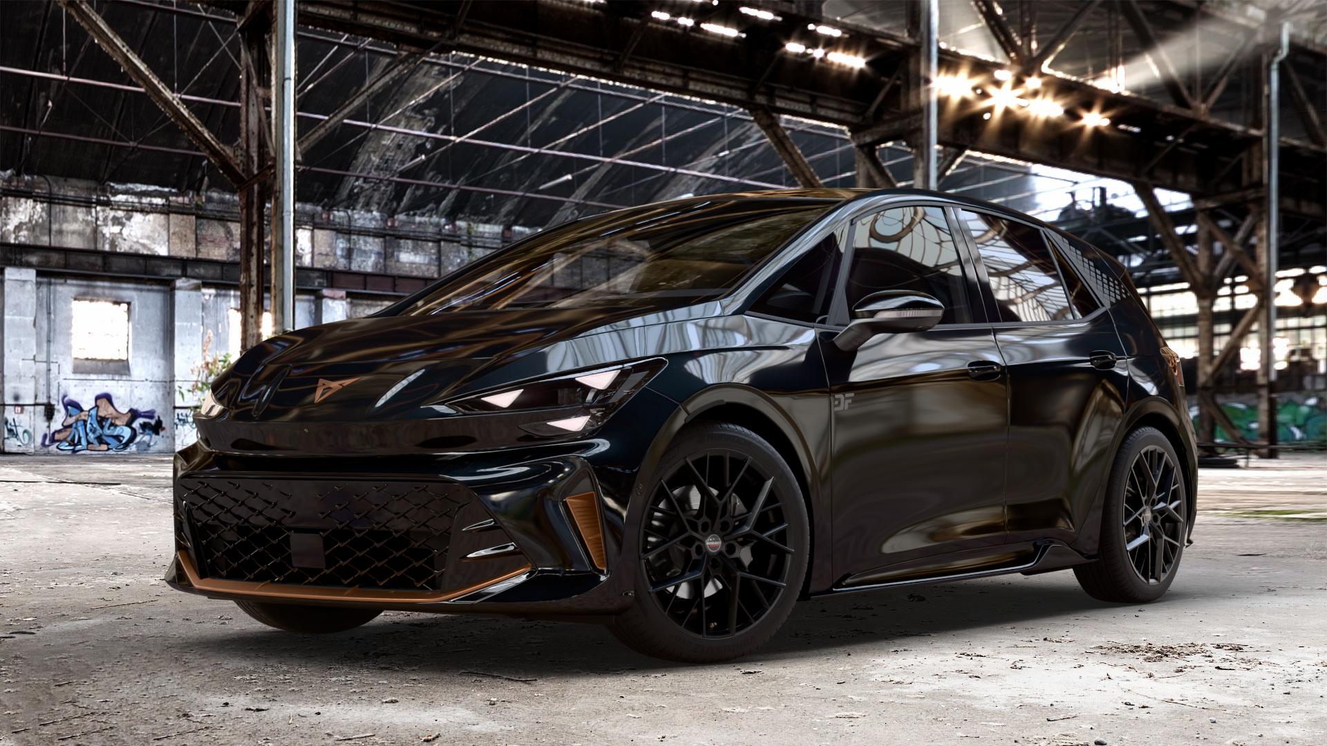 Borbet BY black matt Felge mit Reifen schwarz in 19Zoll Winterfelge Alufelge auf metallic schwarzem Cupra Born Facelift Typ K1 ⬇️ mit 15mm Tieferlegung ⬇️ Old Industrial Hall_max_4400mm_2024 Frontansicht_1
