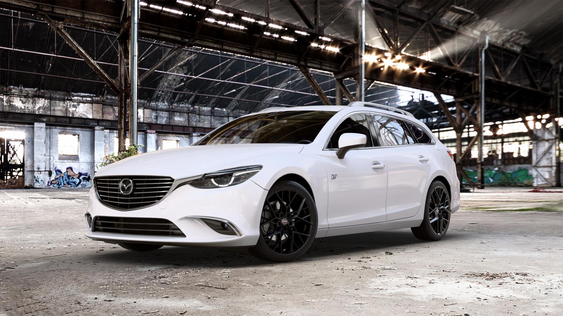 Borbet BY black matt Felge mit Reifen schwarz in 19Zoll Winterfelge Alufelge auf weissem Mazda 6 III (12-15) Sport Kombi (GJ/GH) (15-18) (GH) Facelift (18-) (GJ) ⬇️ mit 15mm Tieferlegung ⬇️ Old Industrial Hall_max_5300mm_2024 Frontansicht_1