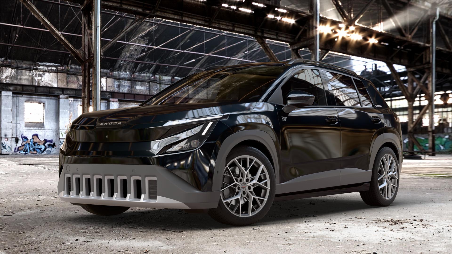 Borbet BY titan polished matt Felge mit Reifen grau in 18Zoll Alufelge auf metallic schwarzem Skoda Epiq Typ PX ⬇️ mit 15mm Tieferlegung ⬇️ Old Industrial Hall_max_4400mm_2024 Frontansicht_1