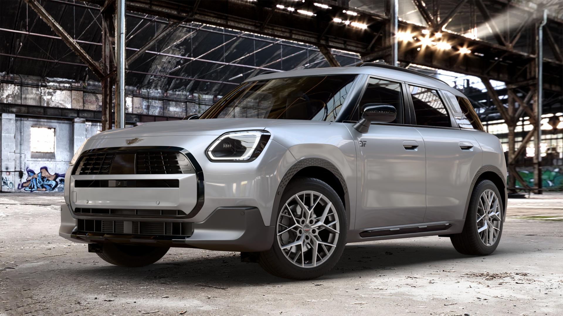 Borbet BY titan polished matt Felge mit Reifen grau in 18Zoll Alufelge auf metallic silbernem Mini U25 Typ UMX (Countryman) 1,5l C 100kW Mild-Hybrid (136 PS) 115kW (156 2,0l JCW ALL4 221kW (300 D 110kW (150 0,0l E 68kW (92 S 150kW (204 SE 104kW ⬇️ mit 15mm Tieferlegung ⬇️ Old Industrial Hall_max_4400mm_2024 Frontansicht_1