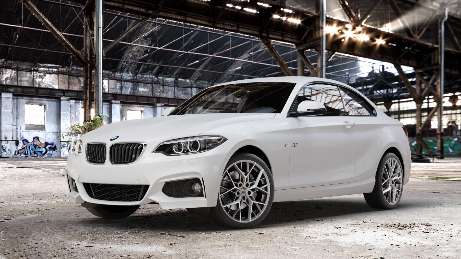 Borbet BY titan polished matt Felge mit Reifen grau in 18Zoll Alufelge auf weissem BMW 2 M235i Typ F22 (Coupe) 3,0l 240kW (326 PS) xDrive M240i 250kW (340 ⬇️ mit 15mm Tieferlegung ⬇️ Old Industrial Hall_max_4400mm_2024 Frontansicht_1
