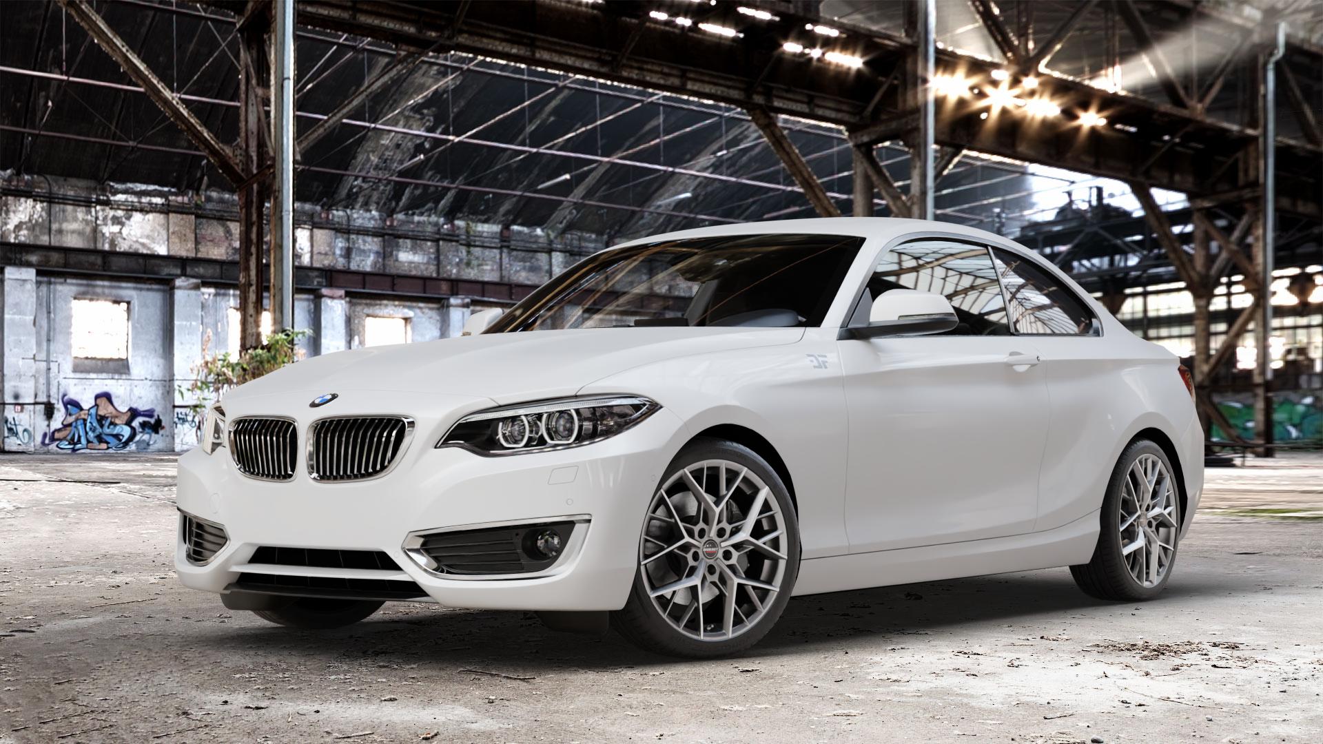 Borbet BY titan polished matt Felge mit Reifen grau in 18Zoll Alufelge auf weissem BMW 220d Typ F22 (Coupé) 220i 218d 225d 228i 218i xDrive 230i 2er Coupé (1C) ⬇️ mit 15mm Tieferlegung ⬇️ Old Industrial Hall_max_4400mm_2024 Frontansicht_1