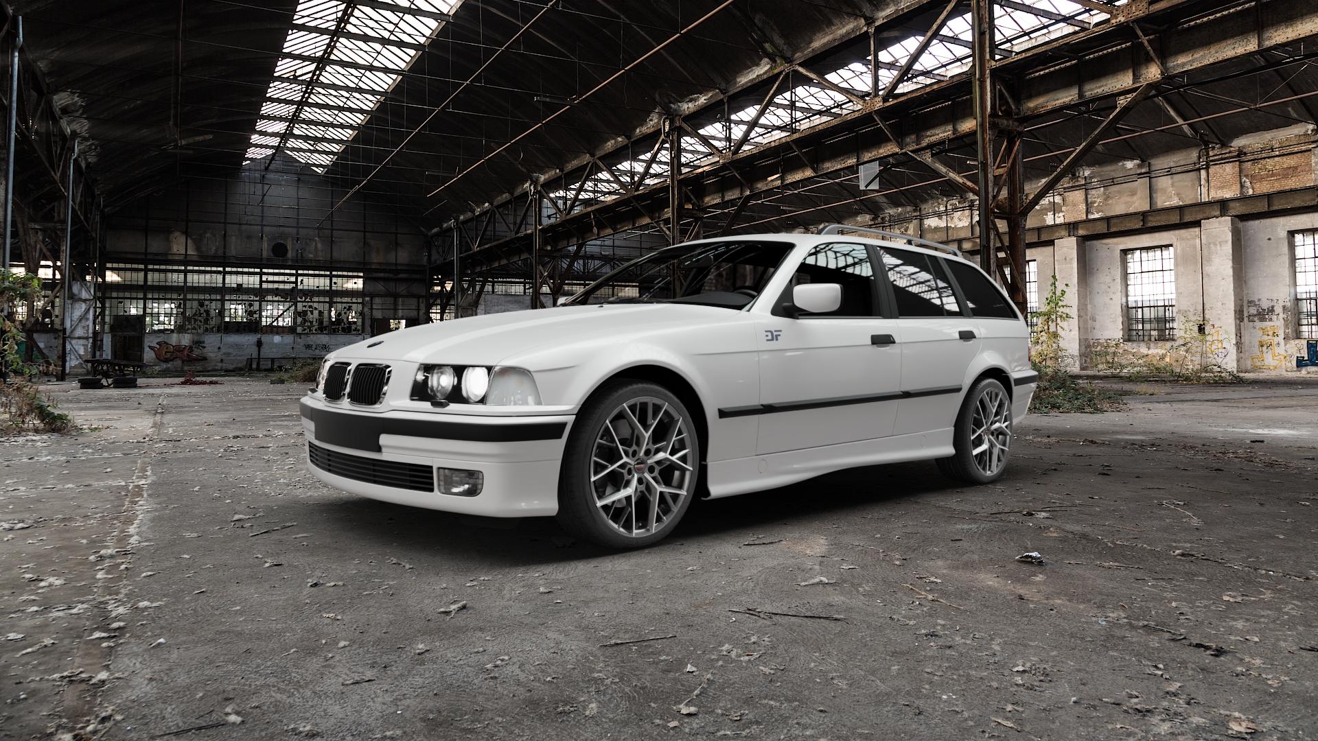 Borbet BY titan polished matt Felge mit Reifen grau in 18Zoll Alufelge auf weissem BMW 318tds Typ E36 (Touring) 316i 318i 320i 323i 328i 325tds 3er Touring (3/C) ⬇️ mit 15mm Tieferlegung ⬇️ Old Industrial Hall_max5000mm_2022 Frontansicht_1