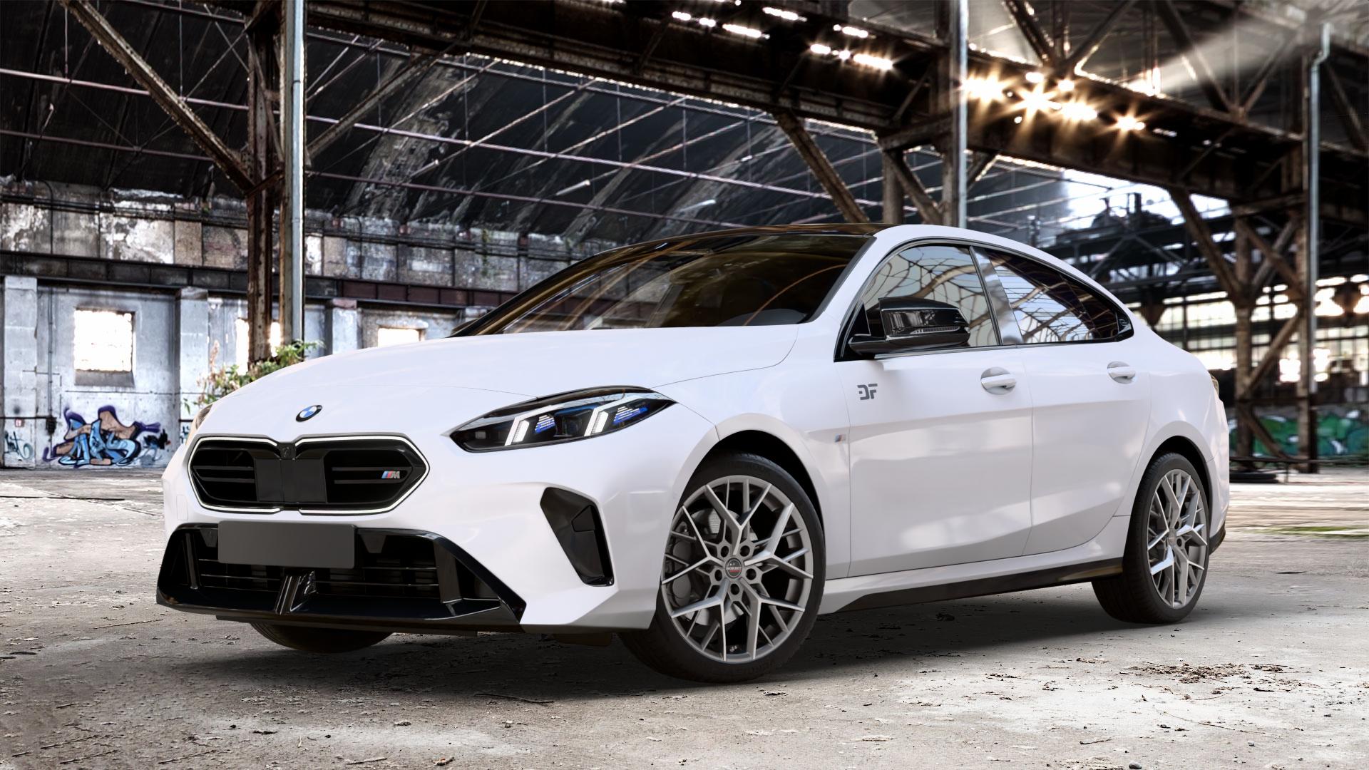 Borbet BY titan polished matt Felge mit Reifen grau in 18Zoll Alufelge auf weissem BMW M235 xDrive Typ F74 (Gran Coupe) 2,0l 221kW (300 PS) 2er Gran Coupe (F7) ⬇️ mit 15mm Tieferlegung ⬇️ Old Industrial Hall_max_4400mm_2024 Frontansicht_1