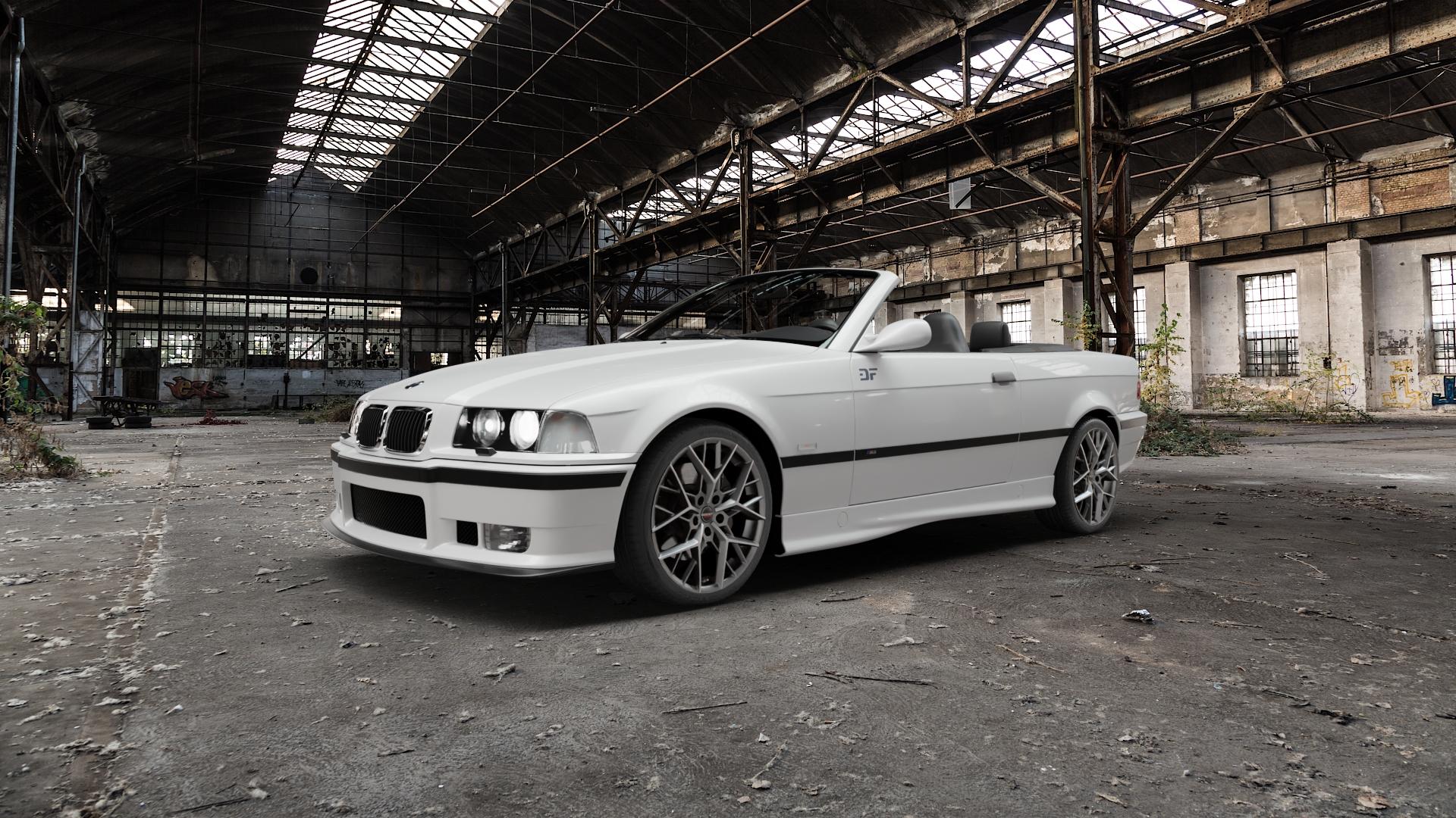 Borbet BY titan polished matt Felge mit Reifen grau in 18Zoll Alufelge auf weissem BMW M3 Typ E36 (Cabrio) ⬇️ mit 15mm Tieferlegung ⬇️ Old Industrial Hall_max5000mm_2022 Frontansicht_1