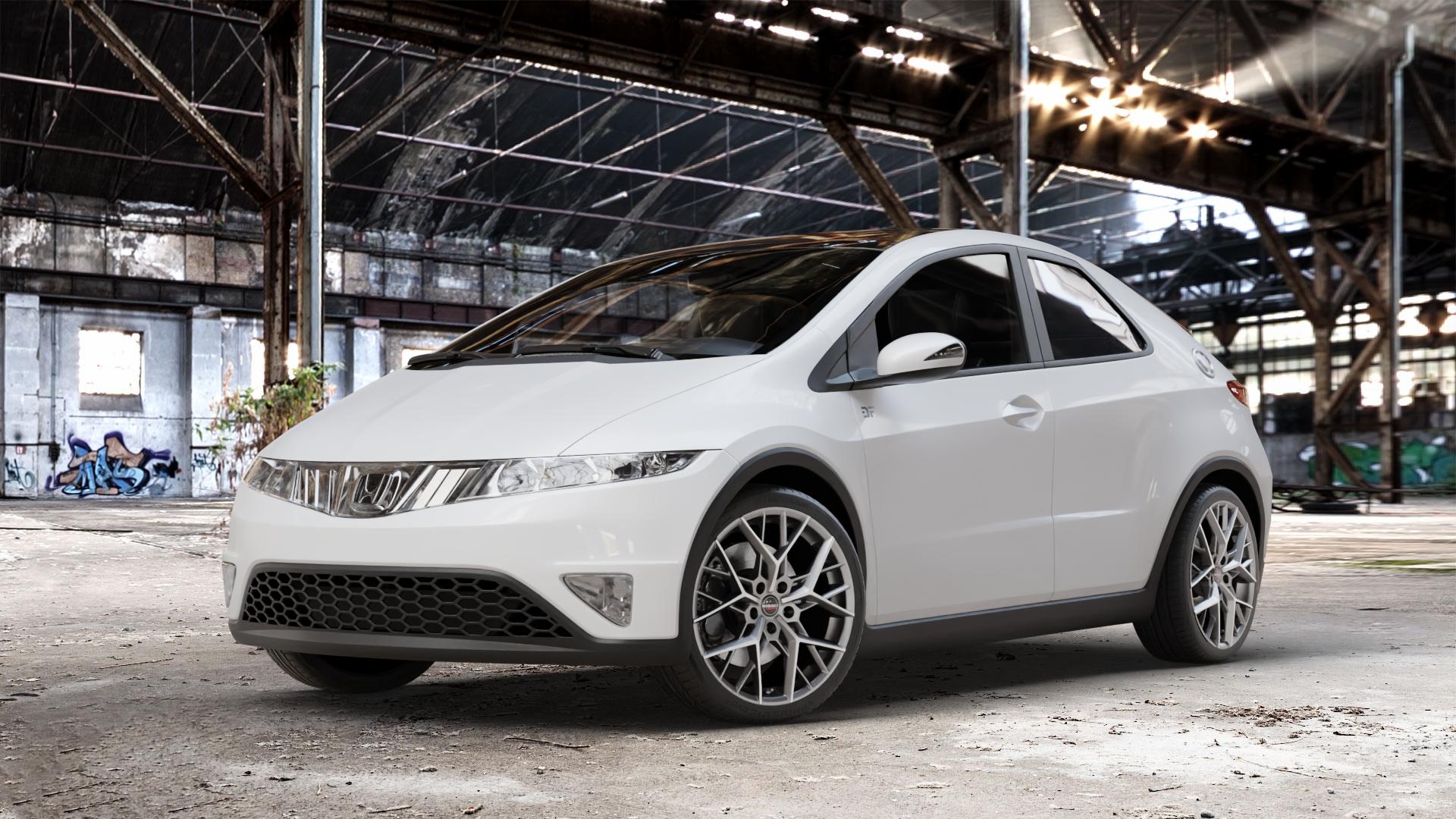 Borbet BY titan polished matt Felge mit Reifen grau in 18Zoll Alufelge auf weissem Honda Civic 8 Dreitürer (FN) ⬇️ mit 15mm Tieferlegung ⬇️ Old Industrial Hall_max_4400mm_2024 Frontansicht_1
