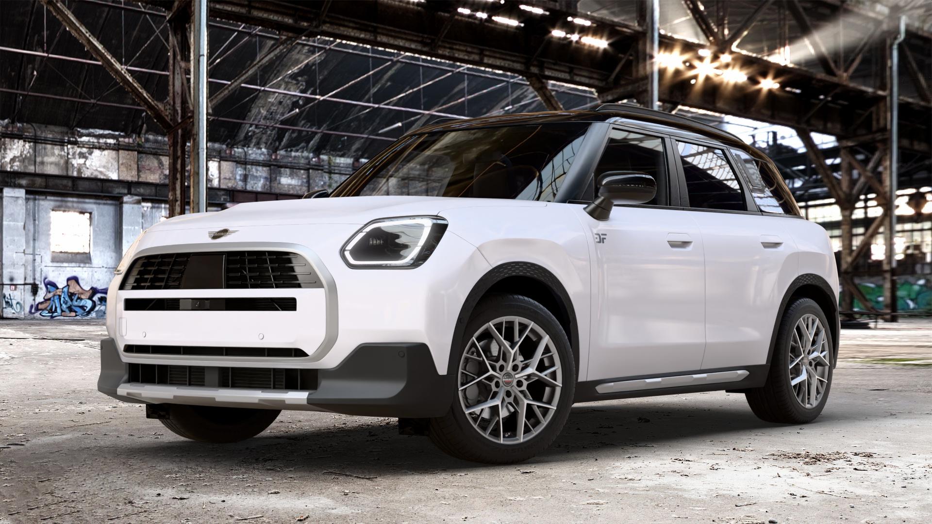 Borbet BY titan polished matt Felge mit Reifen grau in 18Zoll Alufelge auf weissem Mini U25 Typ UMX (Countryman) 1,5l C 100kW Mild-Hybrid (136 PS) 115kW (156 2,0l JCW ALL4 221kW (300 D 110kW (150 0,0l E 68kW (92 S 150kW (204 SE 104kW (141 ⬇️ mit 15mm Tieferlegung ⬇️ Old Industrial Hall_max_4400mm_2024 Frontansicht_1