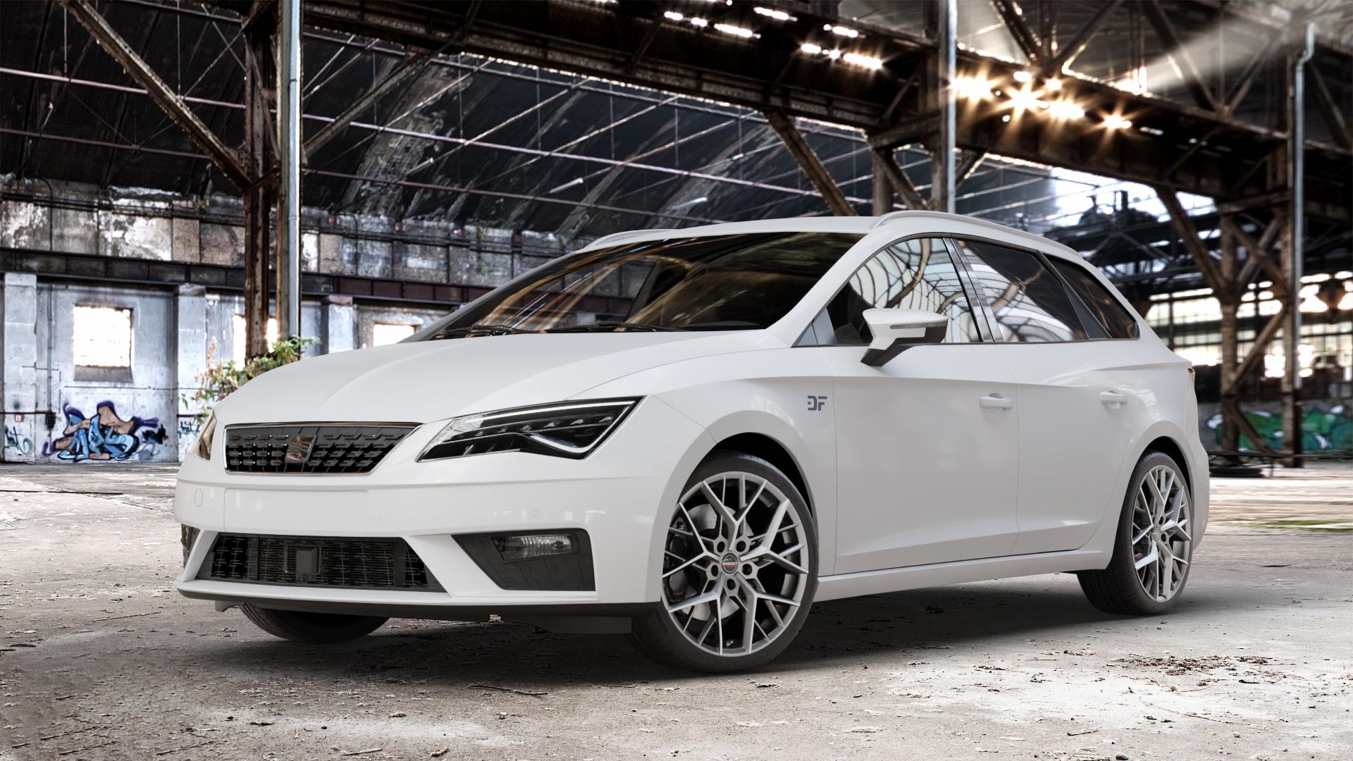 Borbet BY titan polished matt Felge mit Reifen grau in 18Zoll Alufelge auf weissem Seat Leon Typ 5F ST Facelift ⬇️ mit 15mm Tieferlegung ⬇️ Old Industrial Hall_max_4400mm_2024 Frontansicht_1