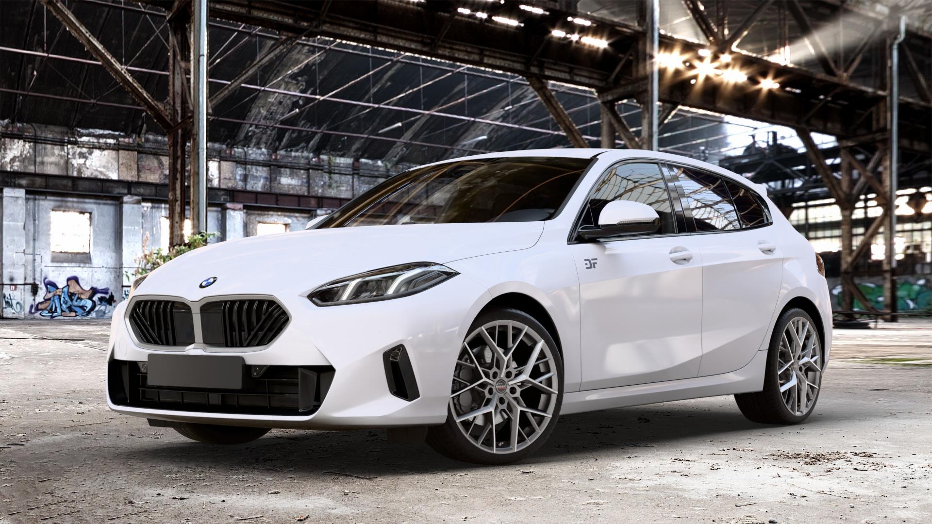 Borbet BY titan polished matt Felge mit Reifen grau in 19Zoll Alufelge auf weissem BMW 118d Typ F70 120 1er Fünftürer (F7) ⬇️ mit 15mm Tieferlegung ⬇️ Old Industrial Hall_max_4400mm_2024 Frontansicht_1