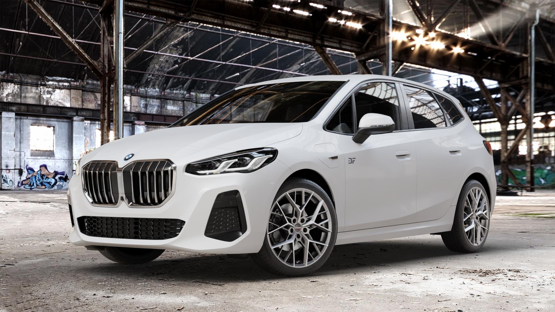 Borbet BY titan polished matt Felge mit Reifen grau in 19Zoll Alufelge auf weissem BMW 2er U06 Active Tourer (U2AT) ⬇️ mit 15mm Tieferlegung ⬇️ Old Industrial Hall_max_4400mm_2024 Frontansicht_1