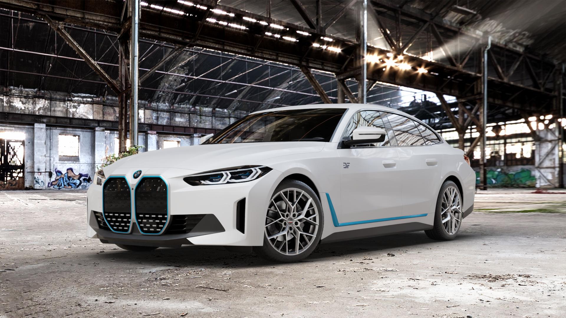 Borbet BY titan polished matt Felge mit Reifen grau in 19Zoll Alufelge auf weissem BMW i4 (G4C) ⬇️ mit 15mm Tieferlegung ⬇️ Old Industrial Hall_max_5300mm_2024 Frontansicht_1