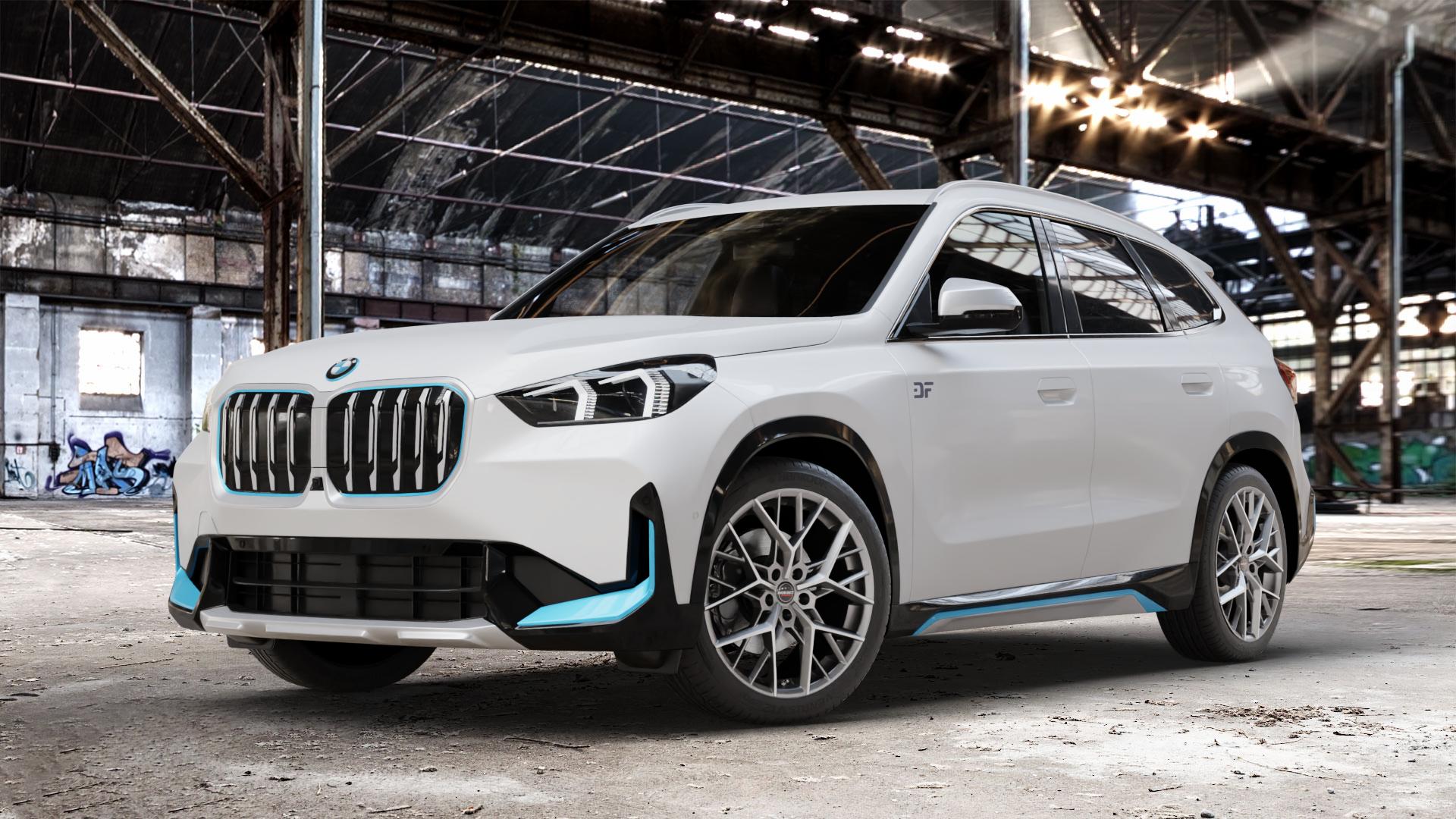 Borbet BY titan polished matt Felge mit Reifen grau in 19Zoll Alufelge auf weissem BMW iX1 (U1X) ⬇️ mit 15mm Tieferlegung ⬇️ Old Industrial Hall_max_4400mm_2024 Frontansicht_1
