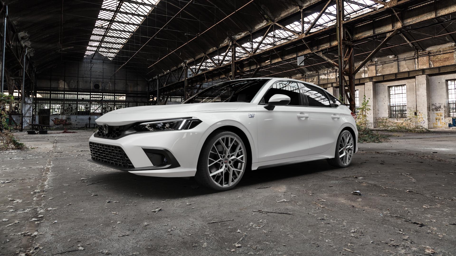 Borbet BY titan polished matt Felge mit Reifen grau in 19Zoll Alufelge auf weissem Honda Civic 11 Schrägheck (FE) 2,0l e:HEV 105kW Mild-Hybrid (143 PS) ⬇️ mit 15mm Tieferlegung ⬇️ Old Industrial Hall_max5000mm_2022 Frontansicht_1