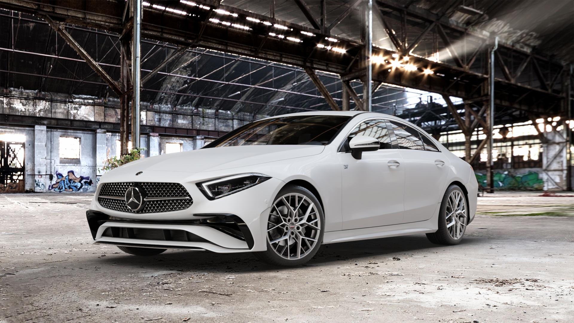 Borbet BY titan polished matt Felge mit Reifen grau in 19Zoll Alufelge auf weissem Mercedes CLS Typ C257 Facelift ⬇️ mit 15mm Tieferlegung ⬇️ Old Industrial Hall_max_5300mm_2024 Frontansicht_1