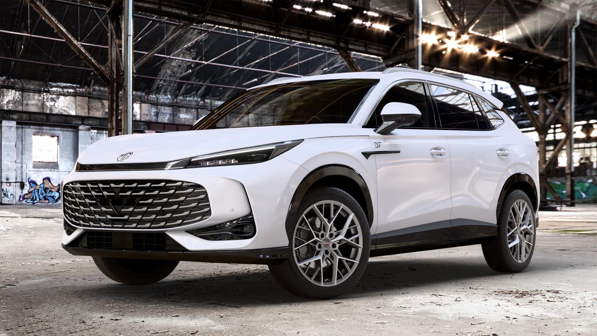 Borbet BY titan polished matt Felge mit Reifen grau in 19Zoll Alufelge auf weissem MG HS Typ AS3A 1,5l T 125kW (170 PS) PHEV 105kW (143 ⬇️ mit 15mm Tieferlegung ⬇️ Old Industrial Hall_max_4400mm_2024 Frontansicht_1