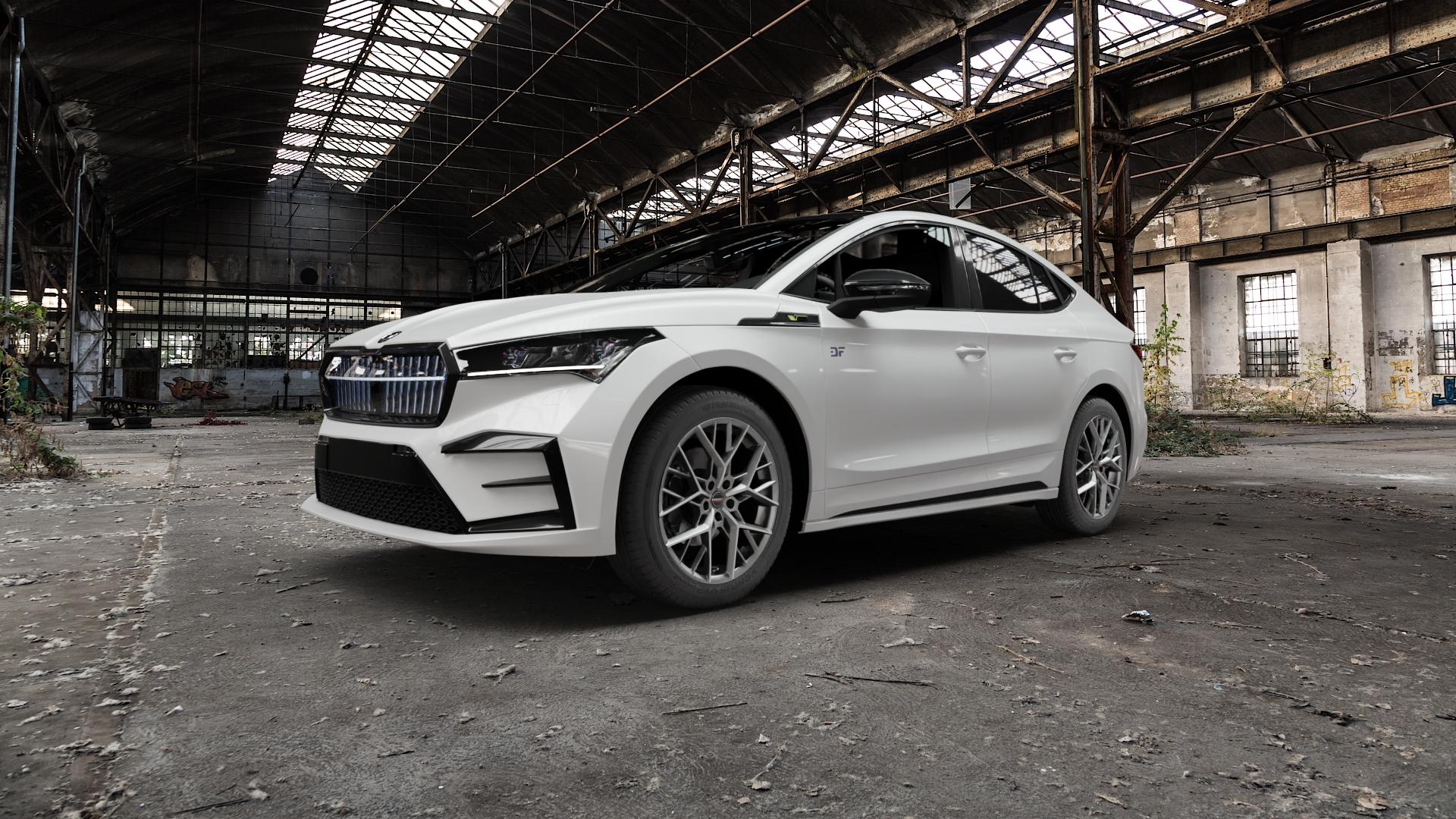Borbet BY titan polished matt Felge mit Reifen grau in 19Zoll Alufelge auf weissem Skoda Enyaq Coupe iV Typ NY 0,0l 89kW 85 Coupé (121 PS) 77kW 85X (105 RS ⬇️ mit 15mm Tieferlegung ⬇️ Old Industrial Hall_max5000mm_2022 Frontansicht_1