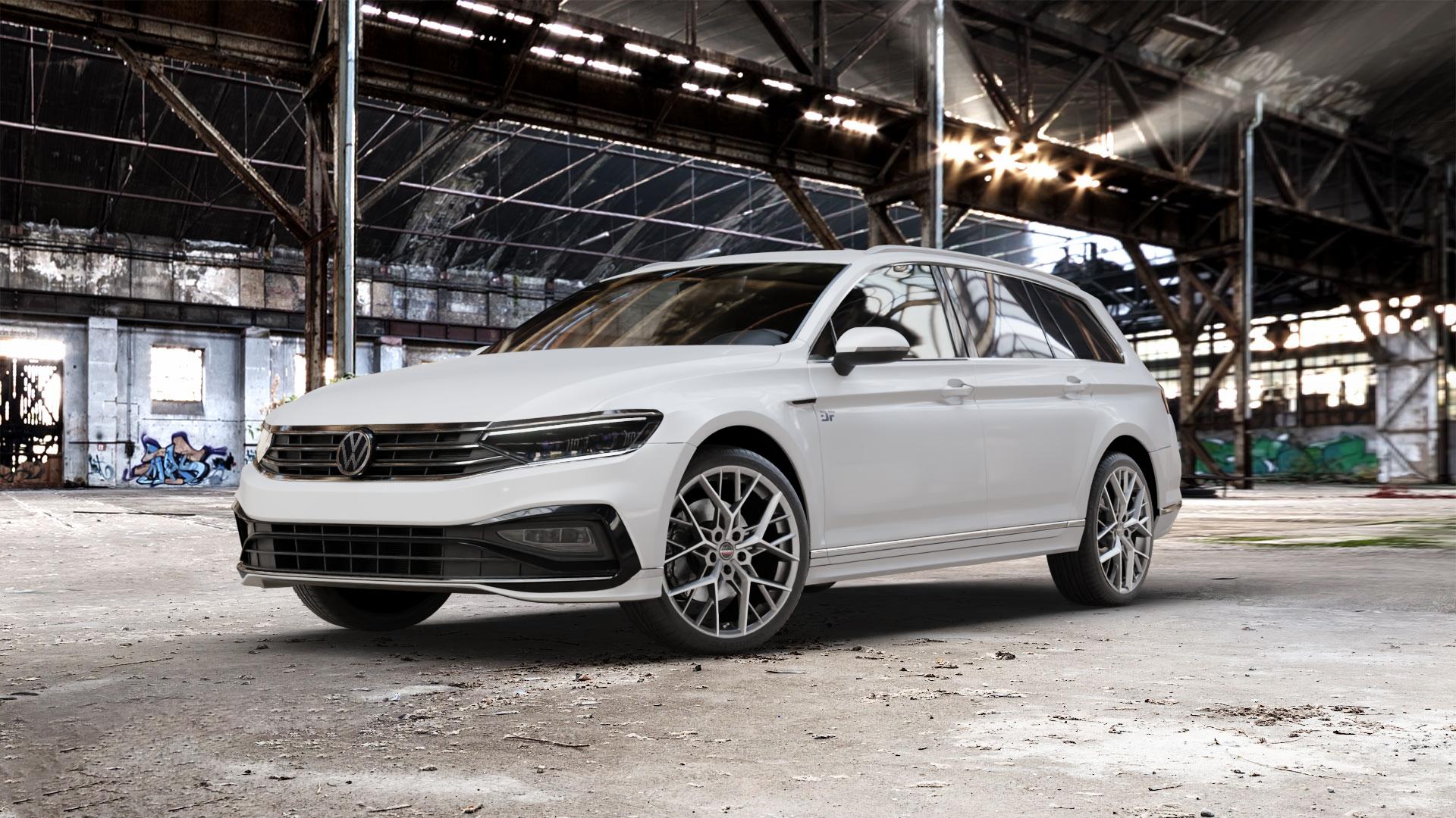 Borbet BY titan polished matt Felge mit Reifen grau in 19Zoll Alufelge auf weissem Volkswagen (VW) Passat 3C/B8 Variant Facelift ⬇️ mit 15mm Tieferlegung ⬇️ Old Industrial Hall_max_5300mm_2024 Frontansicht_1