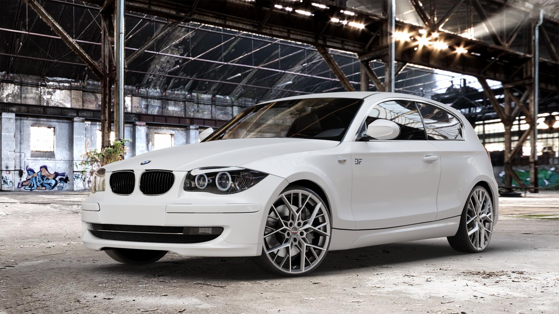 Borbet BY titan polished matt Felge mit Reifen grau in 20Zoll Alufelge auf weissem BMW 118d Typ E81 120d 116i 118i 120i 130i 123d 116d 1er Dreitürer (187, 1K2) ⬇️ mit 15mm Tieferlegung ⬇️ Old Industrial Hall_max_4400mm_2024 Frontansicht_1