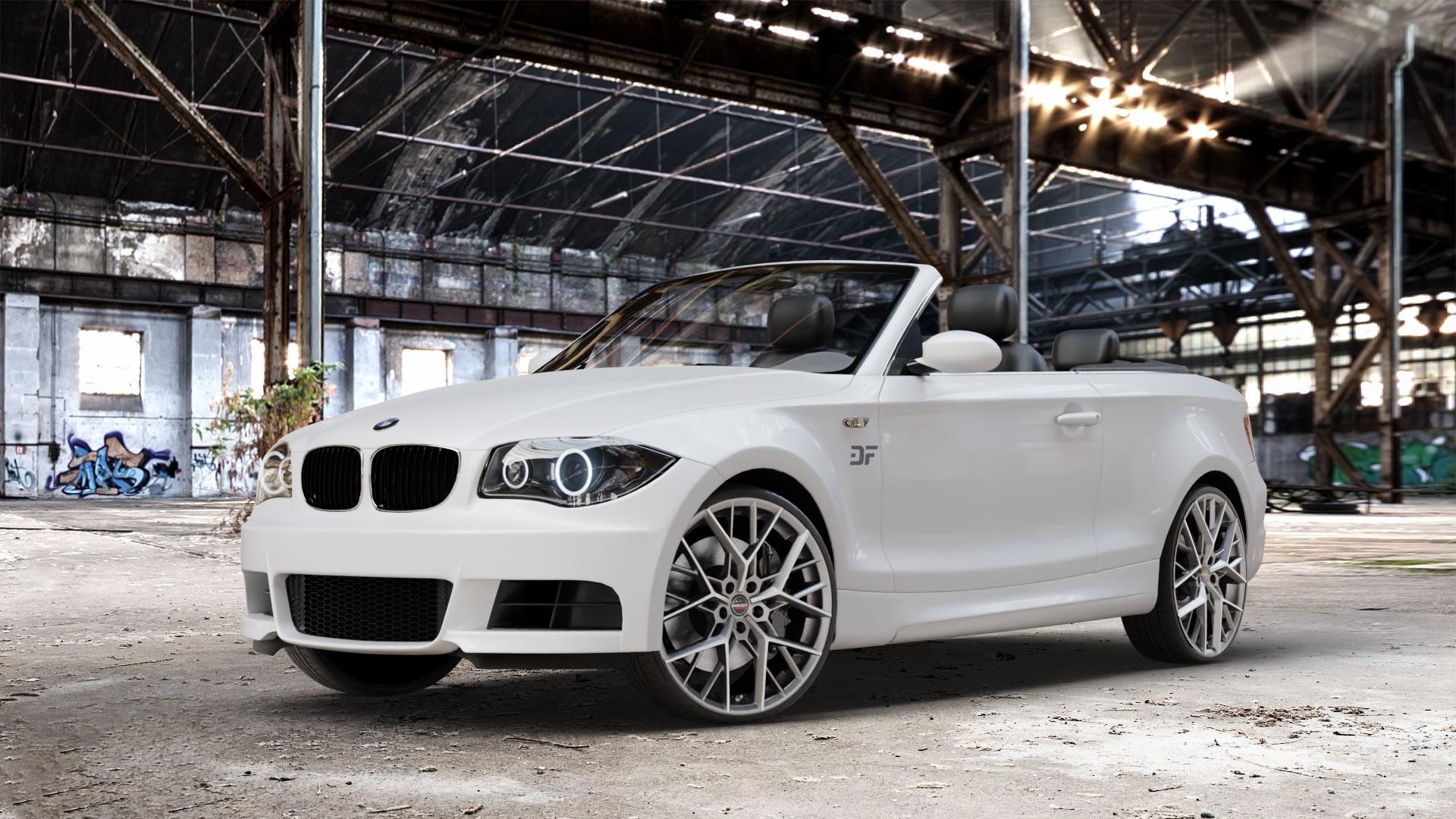 Borbet BY titan polished matt Felge mit Reifen grau in 20Zoll Alufelge auf weissem BMW 118i Typ E88 (Cabriolet) 120d 120i 125i 135i 123d 118d 1er Cabrio (182, 1C) ⬇️ mit 15mm Tieferlegung ⬇️ Old Industrial Hall_max_4400mm_2024 Frontansicht_1