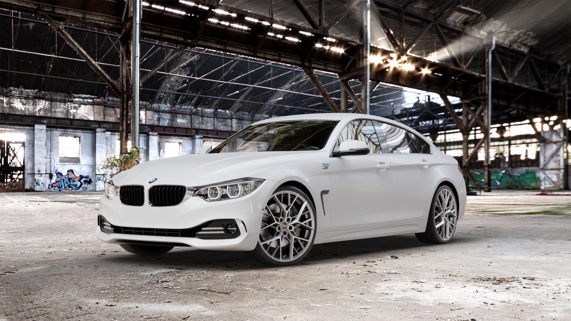 Borbet BY titan polished matt Felge mit Reifen grau in 20Zoll Alufelge auf weissem BMW 418d Typ F36 (Gran Coupe) 420d xDrive 420i 428i 435i 430d 440i 418i 430i 425d 4er Gran Coupe (3C) ⬇️ mit 15mm Tieferlegung ⬇️ Old Industrial Hall_max_5300mm_2024 Frontansicht_1
