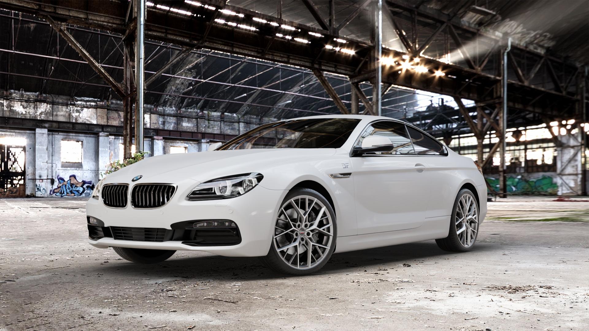 Borbet BY titan polished matt Felge mit Reifen grau in 20Zoll Alufelge auf weissem BMW 640i Typ F13 (Coupe) 650i 640d xDrive ⬇️ mit 15mm Tieferlegung ⬇️ Old Industrial Hall_max_5300mm_2024 Frontansicht_1