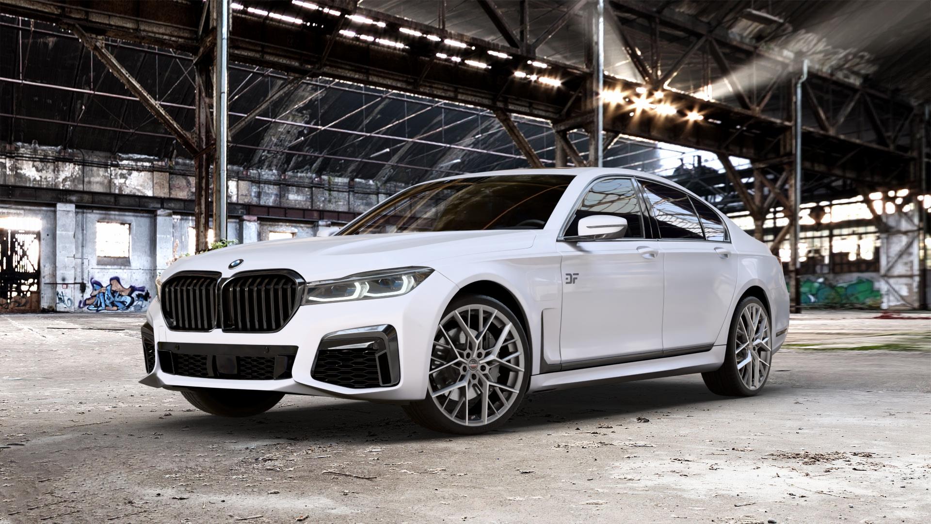 Borbet BY titan polished matt Felge mit Reifen grau in 21Zoll Alufelge auf weissem BMW 730i Typ G11 Facelift 740i 745e 750i xDrive 7er Limousine (7L) ⬇️ mit 15mm Tieferlegung ⬇️ Old Industrial Hall_max_5300mm_2024 Frontansicht_1