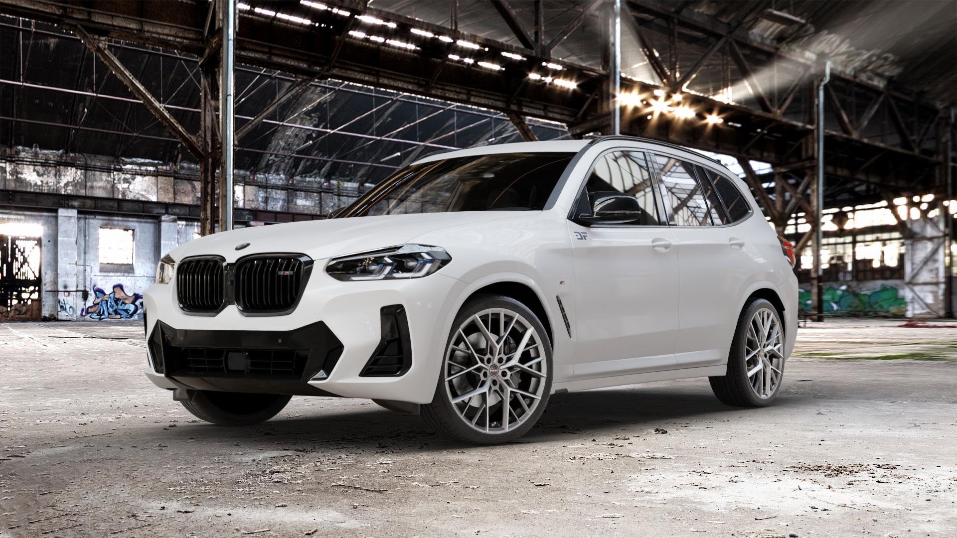 Borbet BY titan polished matt Felge mit Reifen grau in 21Zoll Alufelge auf weissem BMW X3 Typ G01 (G3X) Facelift ⬇️ mit 15mm Tieferlegung ⬇️ Old Industrial Hall_max_5300mm_2024 Frontansicht_1