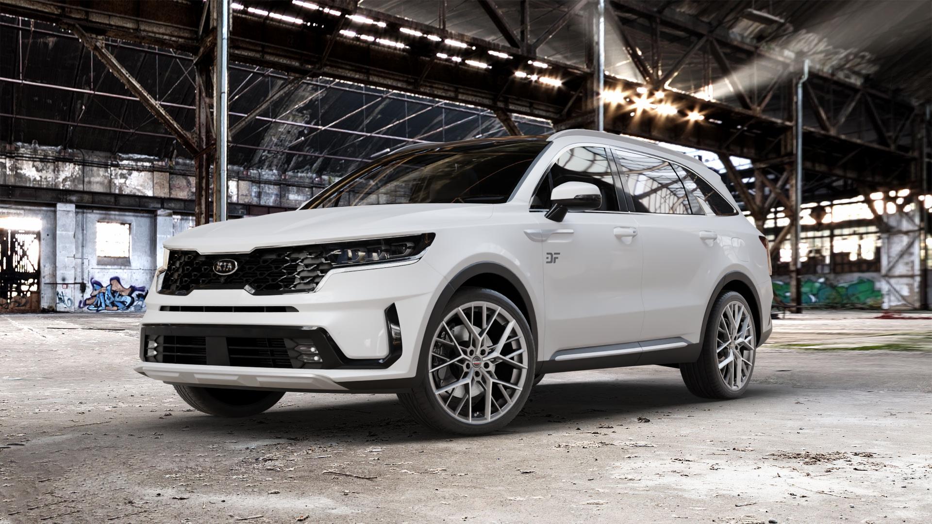 Borbet BY titan polished matt Felge mit Reifen grau in 21Zoll Alufelge auf weissem Kia Sorento IV Typ MQ4 ⬇️ mit 15mm Tieferlegung ⬇️ Old Industrial Hall_max_5300mm_2024 Frontansicht_1