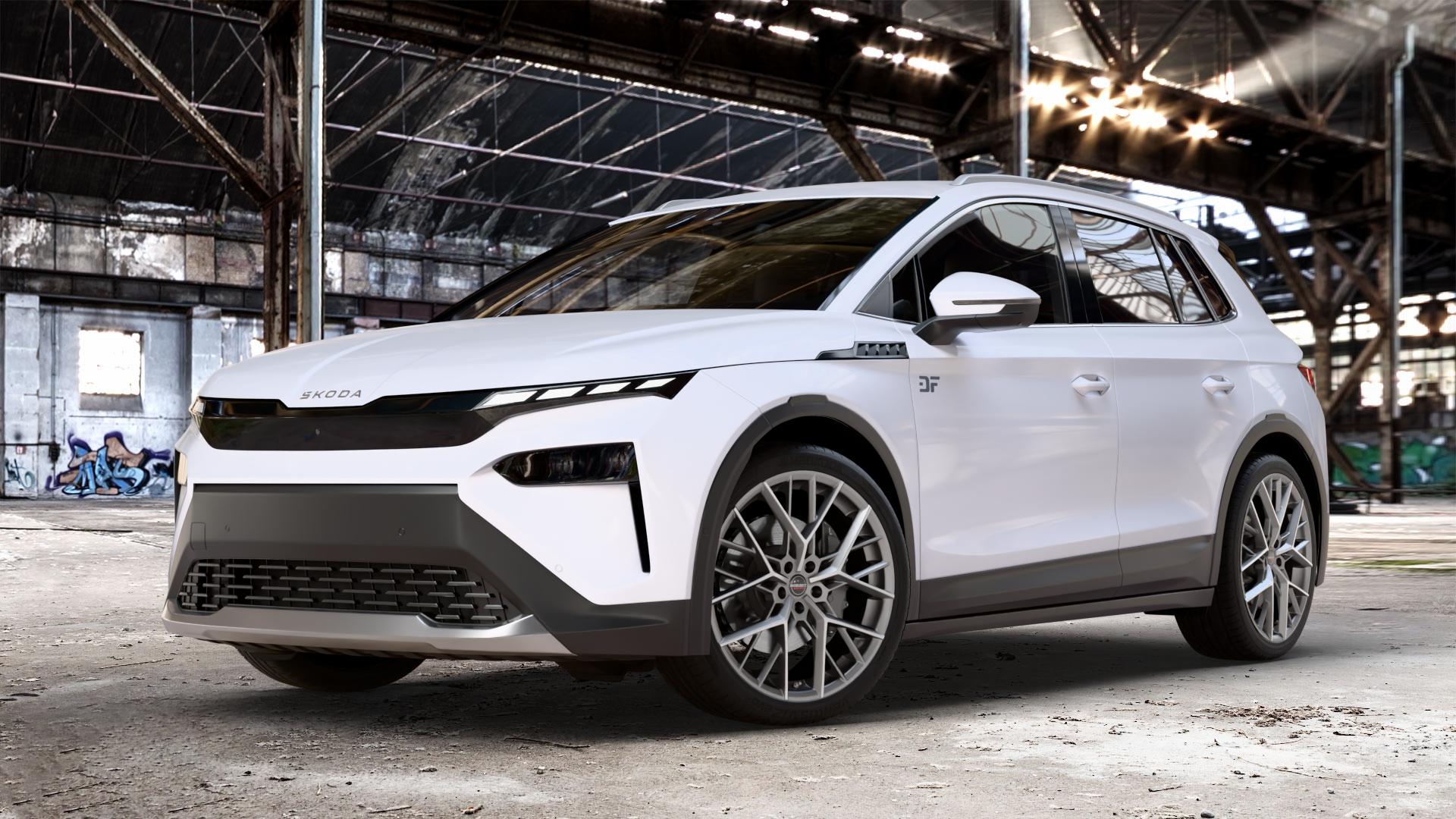Borbet BY titan polished matt Felge mit Reifen grau in 21Zoll Alufelge auf weissem Skoda Elroq Typ NY 0,0l 89kW 85 (121 PS) 70kW 60 (95 50 ⬇️ mit 15mm Tieferlegung ⬇️ Old Industrial Hall_max_4400mm_2024 Frontansicht_1
