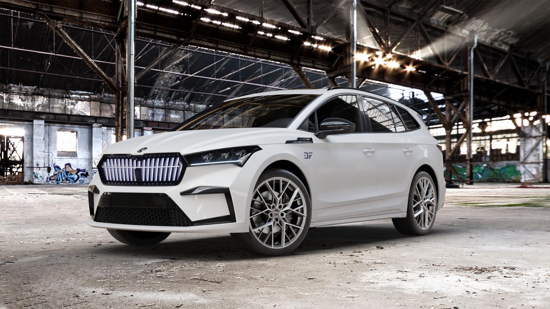Borbet BY titan polished matt Felge mit Reifen grau in 21Zoll Alufelge auf weissem Skoda Enyaq iV Typ NY 0,0l 70kW 80 (95 PS) 50 77kW 80x (105 60 ⬇️ mit 15mm Tieferlegung ⬇️ Old Industrial Hall_max_5300mm_2024 Frontansicht_1