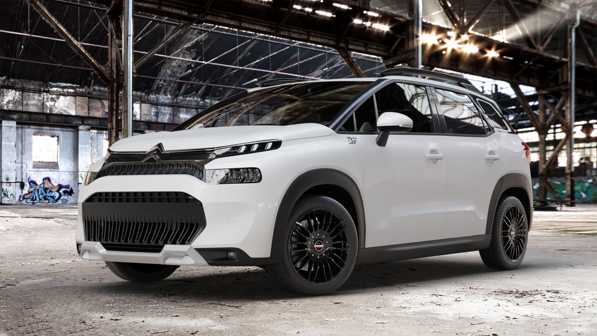 Borbet CW3 black glossy Felge mit Reifen schwarz in 17Zoll Winterfelge Alufelge auf weissem Citroen C3 Aircross Typ 2 Facelift ⬇️ mit 15mm Tieferlegung ⬇️ Old Industrial Hall_max_4400mm_2024 Frontansicht_1
