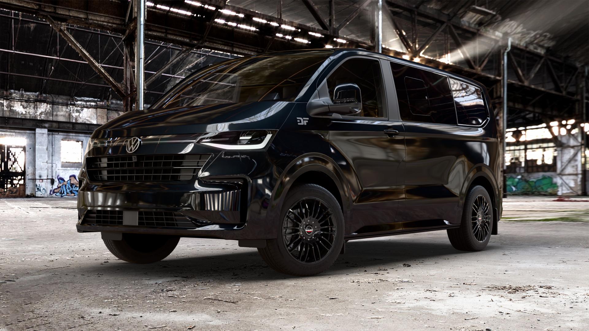 Borbet CW3 black glossy Felge mit Reifen schwarz in 18Zoll Winterfelge Alufelge auf schwarzem Volkswagen (VW) T7 Caravelle ⬇️ mit 15mm Tieferlegung ⬇️ Old Industrial Hall_max_5300mm_2024 Frontansicht_1