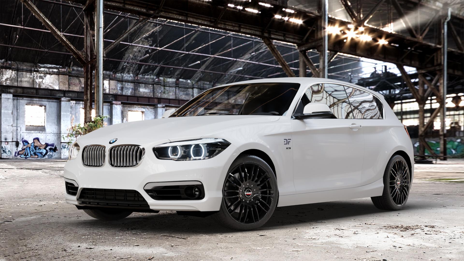 Borbet CW3 black glossy Felge mit Reifen schwarz in 18Zoll Winterfelge Alufelge auf weissem BMW 114i Typ F21 116i 118i 125i 114d 116d 118d 120d 125d xDrive Facelift EffDyn Edition 1er Dreitürer (1K2) ⬇️ mit 15mm Tieferlegung ⬇️ Old Industrial Hall_max_4400mm_2024 Frontansicht_1