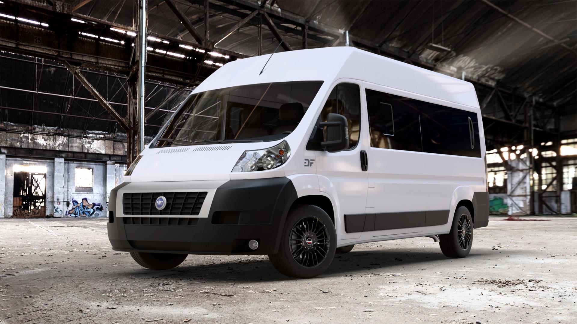 Borbet CW3 black glossy Felge mit Reifen schwarz in 18Zoll Winterfelge Alufelge auf weissem Fiat Ducato Bus Typ 250 ⬇️ mit 15mm Tieferlegung ⬇️ Old Industrial Hall_max_7000mm_2024 Frontansicht_1