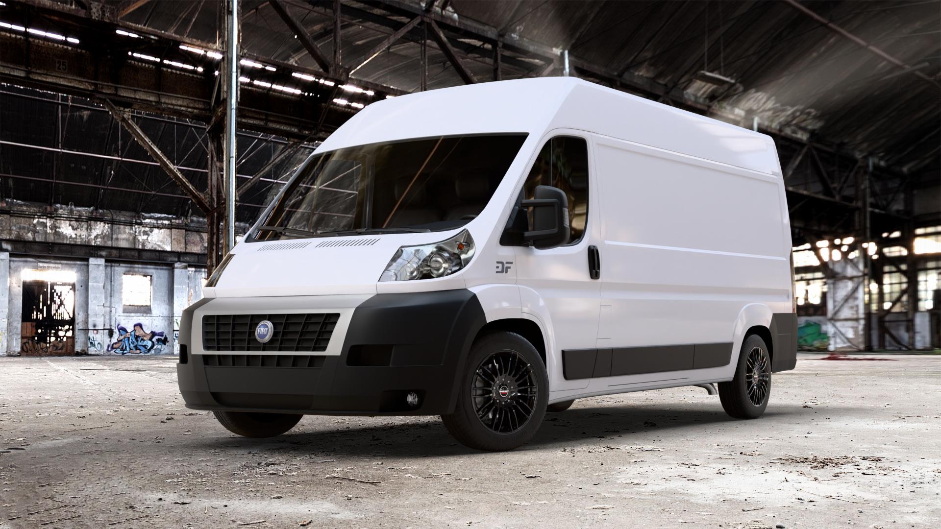 Borbet CW3 black glossy Felge mit Reifen schwarz in 18Zoll Winterfelge Alufelge auf weissem Fiat Ducato Kasten Typ 250 ⬇️ mit 15mm Tieferlegung ⬇️ Old Industrial Hall_max_7000mm_2024 Frontansicht_1
